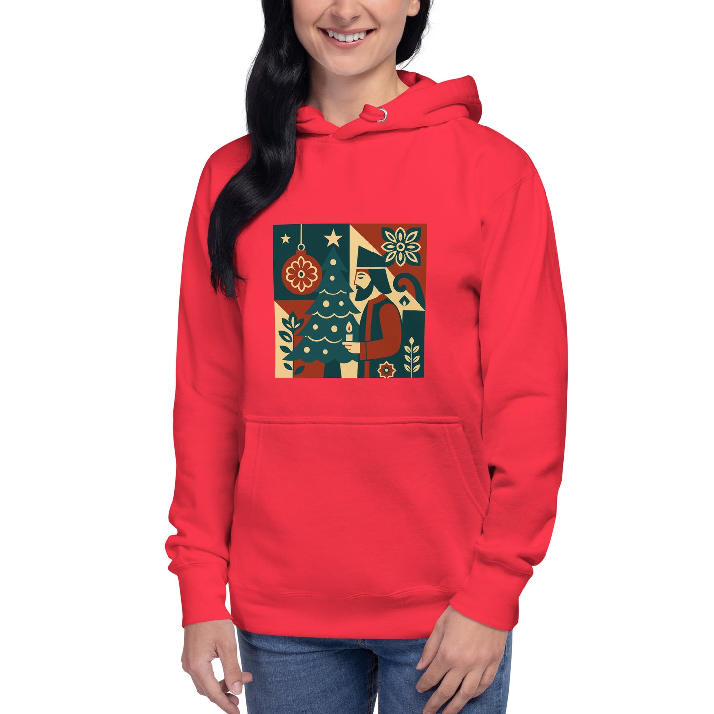 Person wearing a red hoodie with a colorful graphic design on a white background