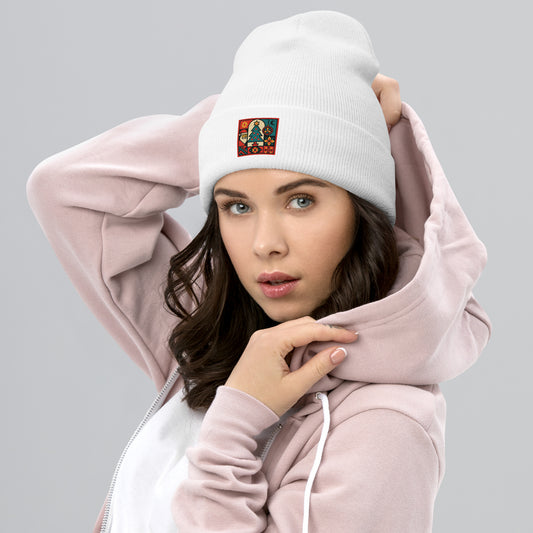 Woman wearing a pink hoodie and white beanie with a colorful patch on a gray background