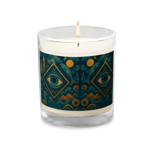 Candle with a decorative label on a white background