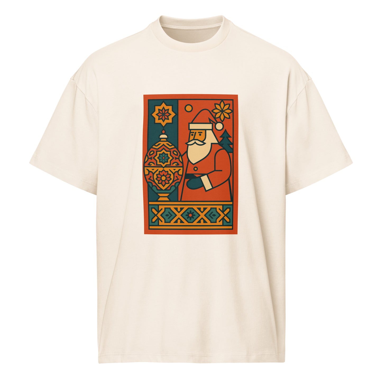 Beige t-shirt with a graphic of Santa Claus holding a lantern on a white background