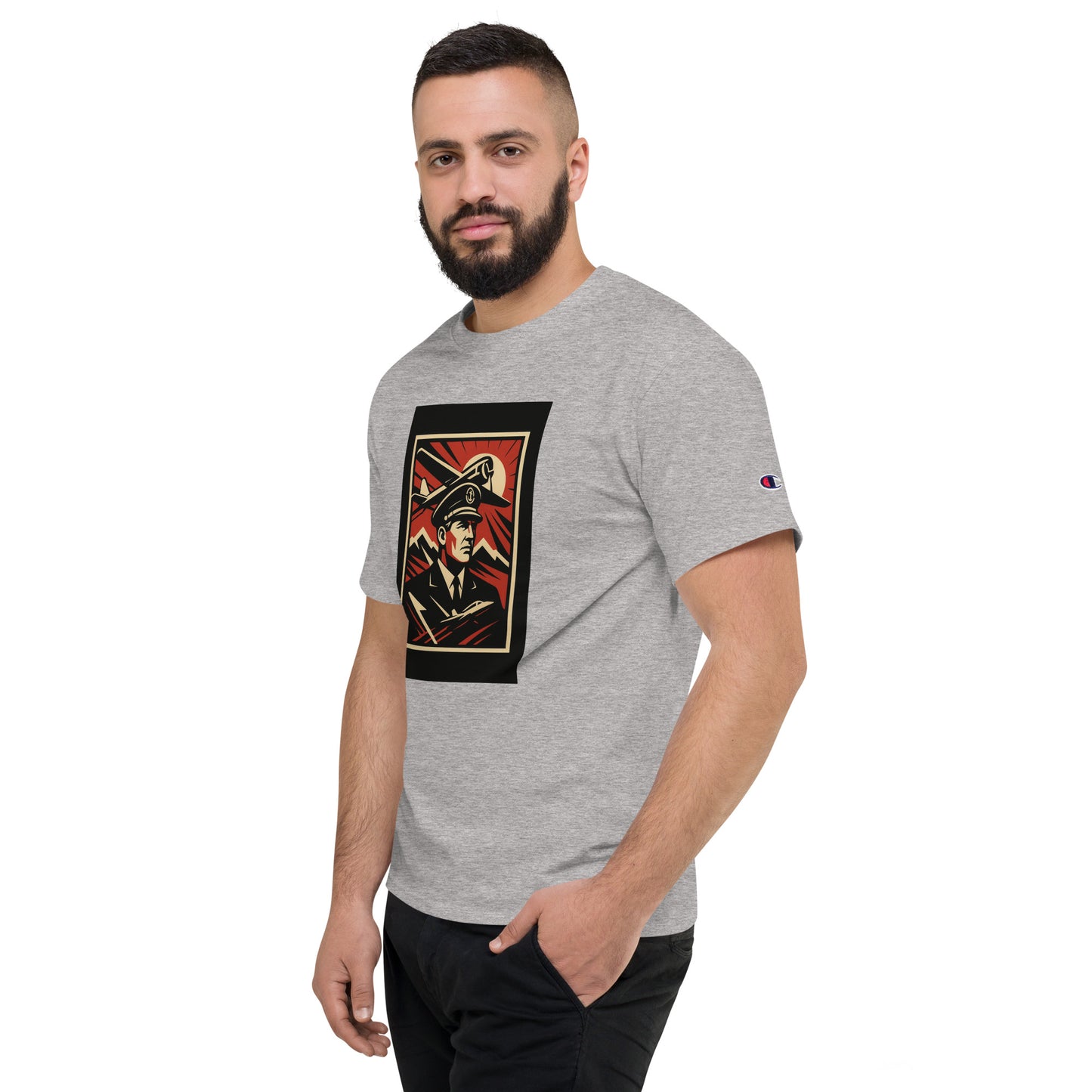 Man wearing a gray t-shirt with a graphic design on a white background