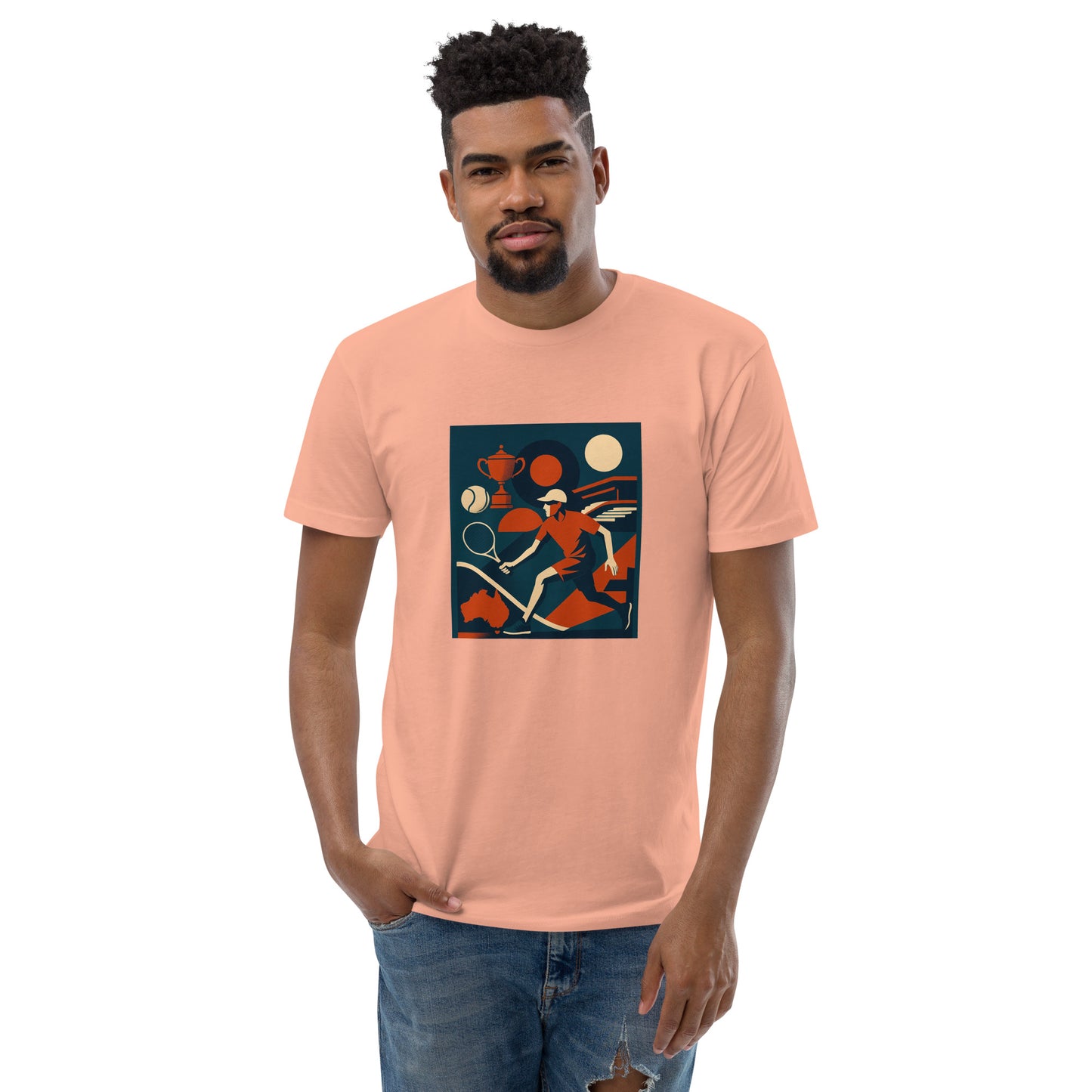 Man wearing a peach tennis t-shirt with a colorful graphic design on a white background