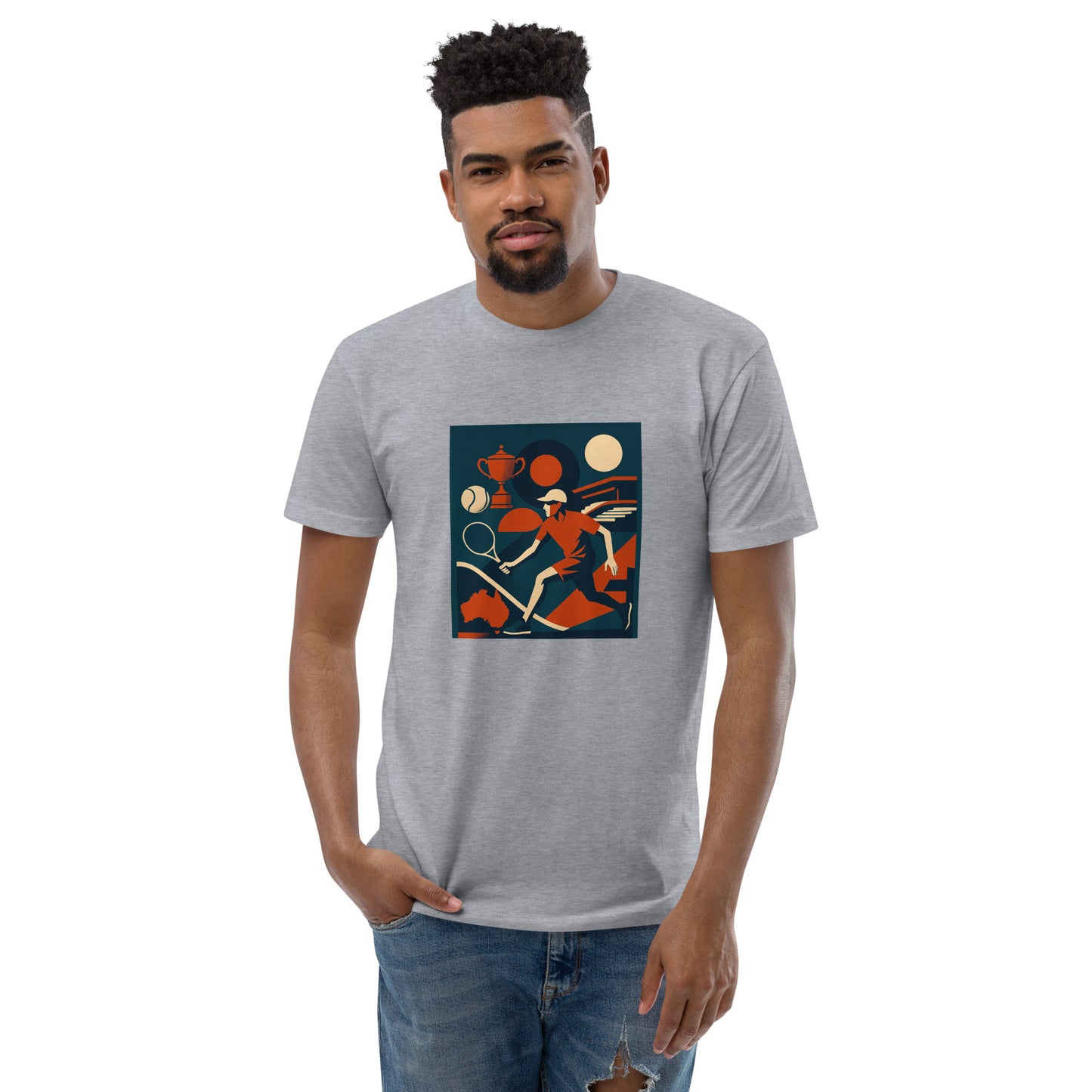 Man wearing a gray tennis t-shirt with a colorful graphic design on a white background