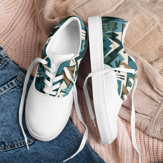 White sneakers with a geometric pattern on a textured fabric background