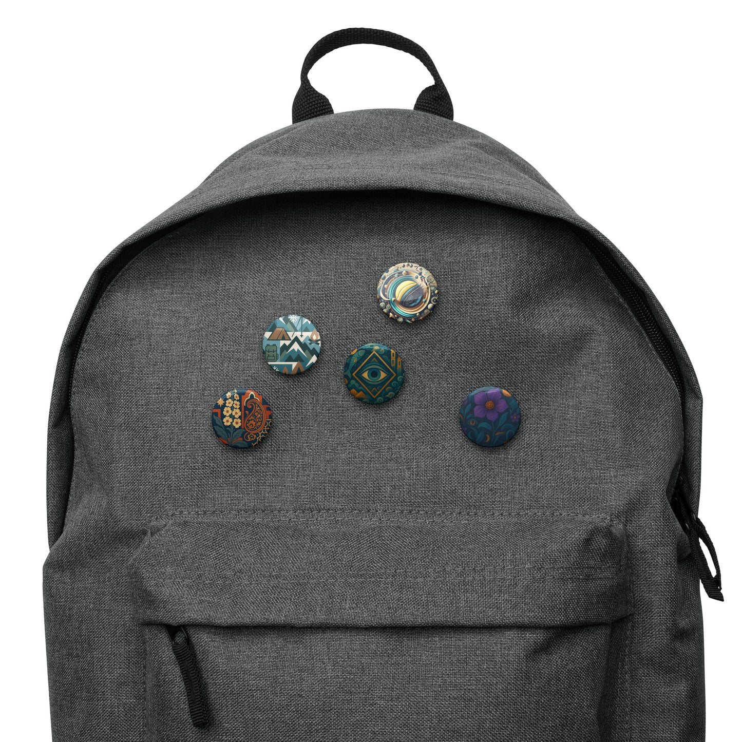 Gray backpack with decorative buttons on a white background