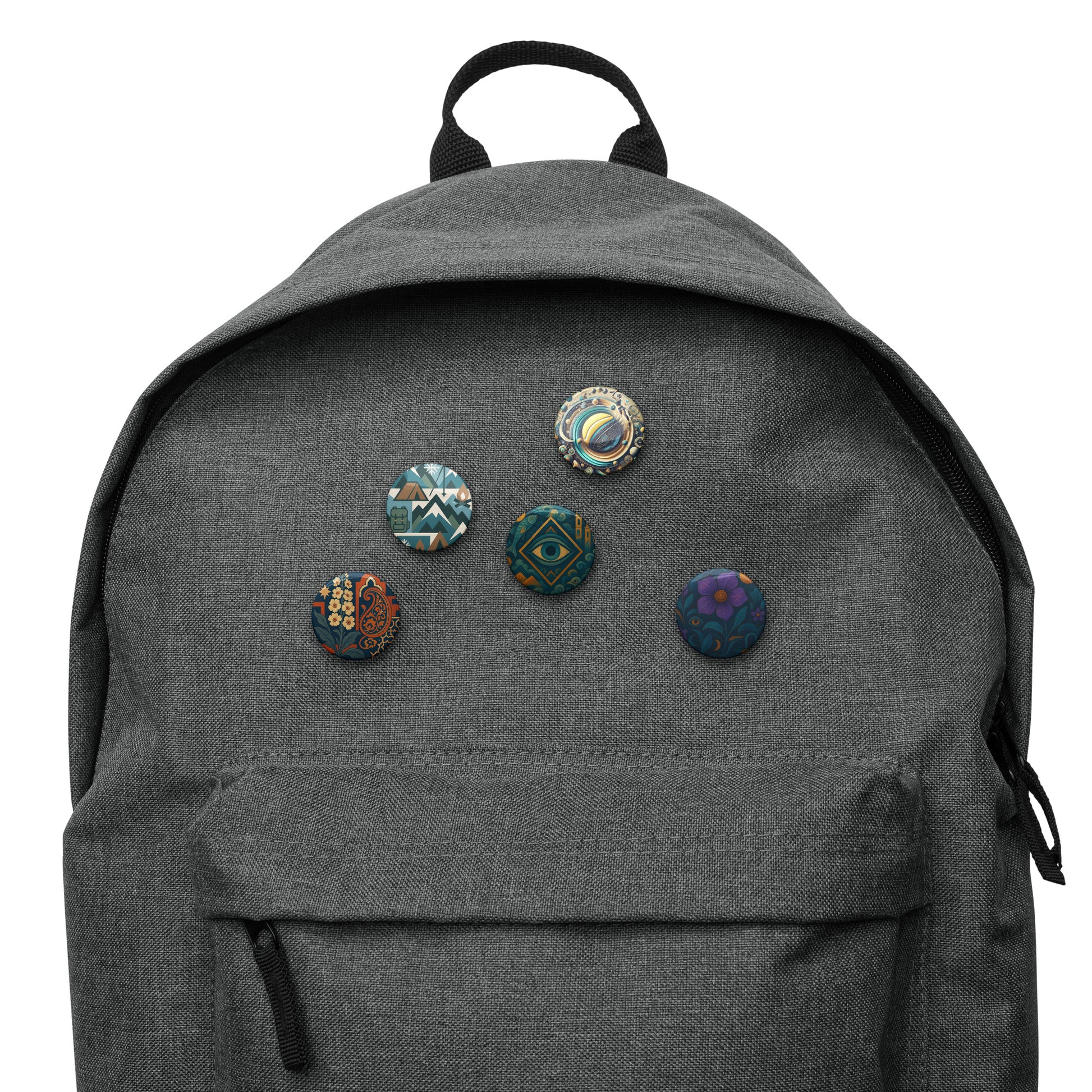 Gray backpack with decorative buttons on a white background