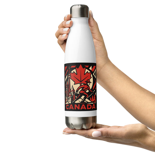 White water bottle with a red maple leaf design and 'Canada' text held by a hand on a white background