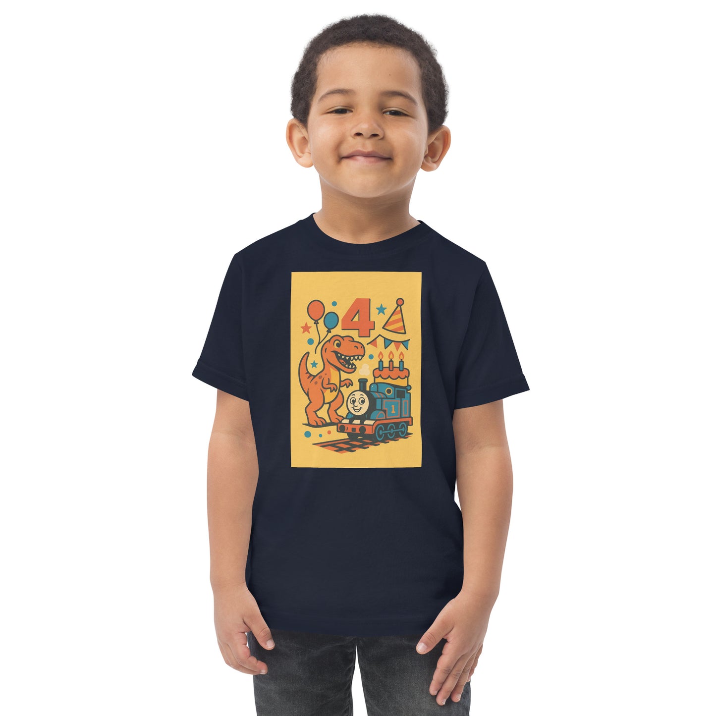 Child wearing a black t-shirt with a colorful dinosaur design on a white background