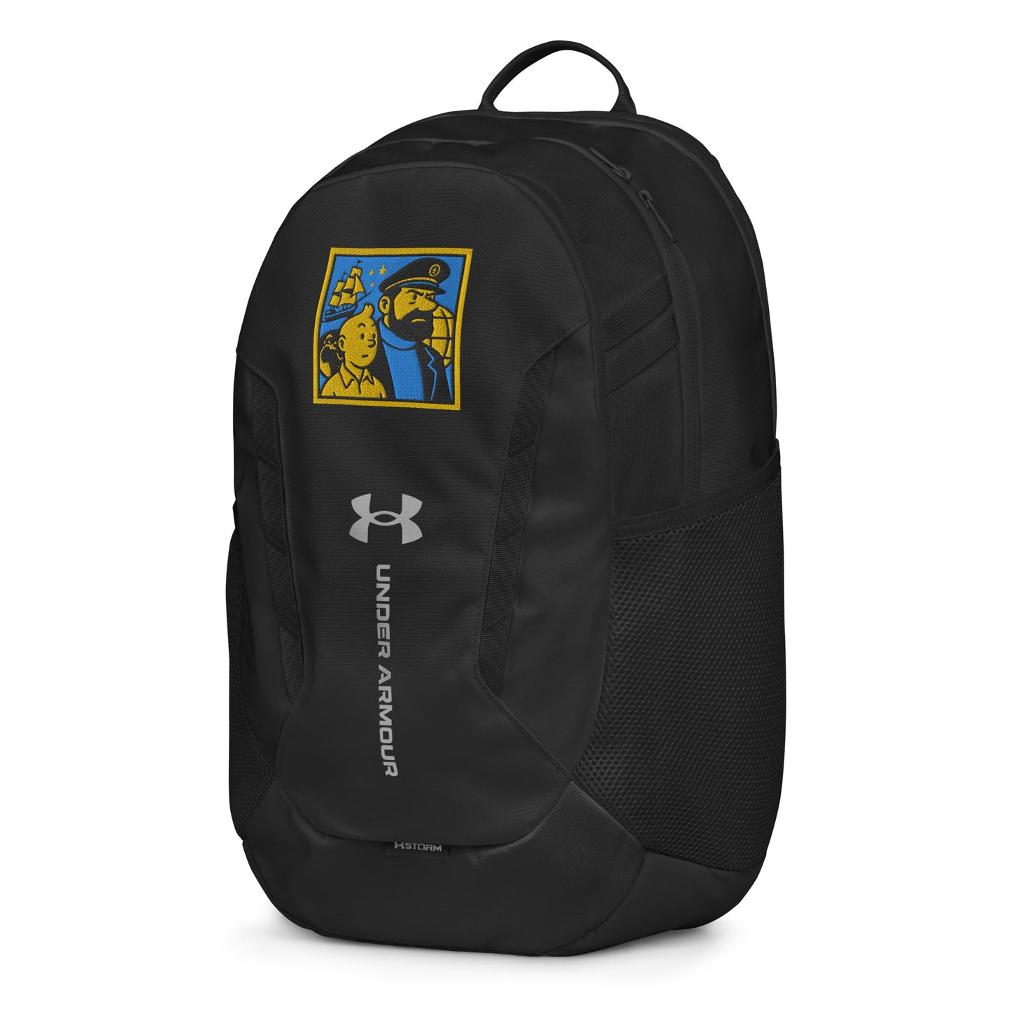 Black Under Armour backpack with a graphic design on a white background