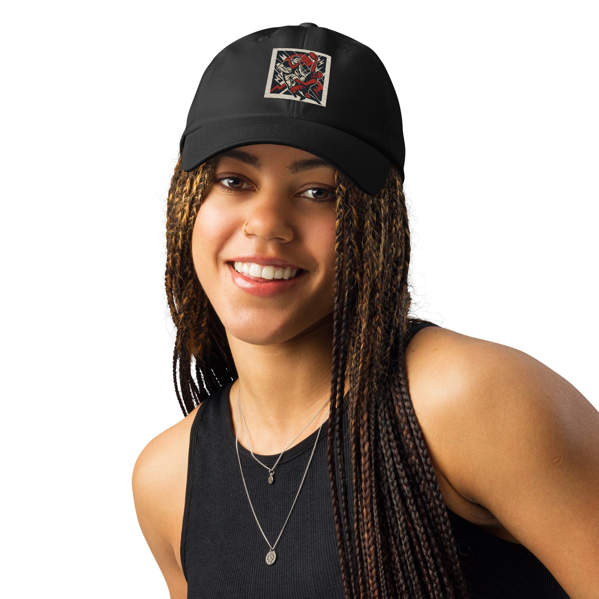 Person wearing a black cap with a design on a white background
