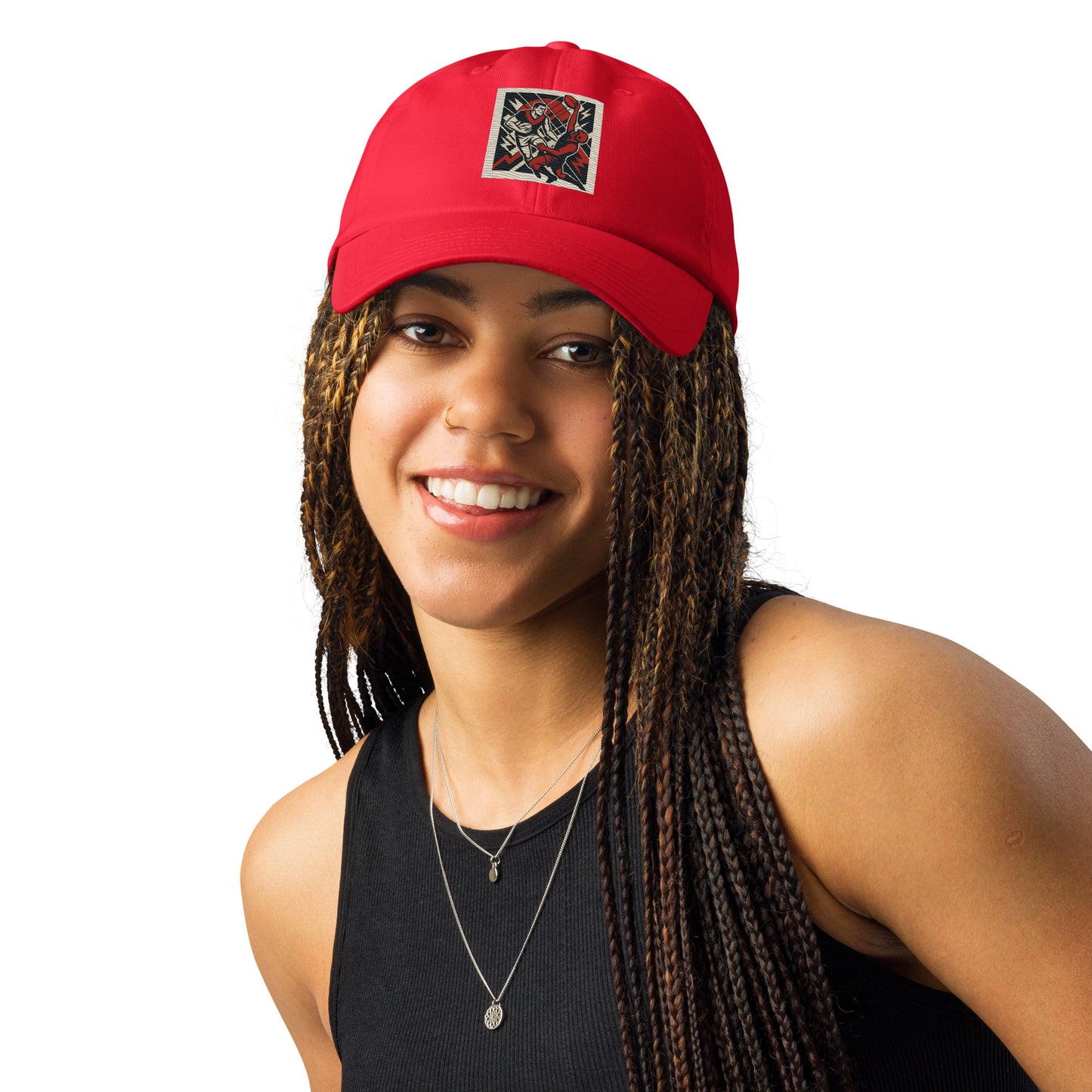 Person wearing a red cap with a logo on a white background