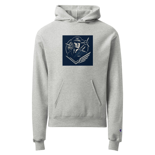 Gray hoodie with a navy blue logo on a white background