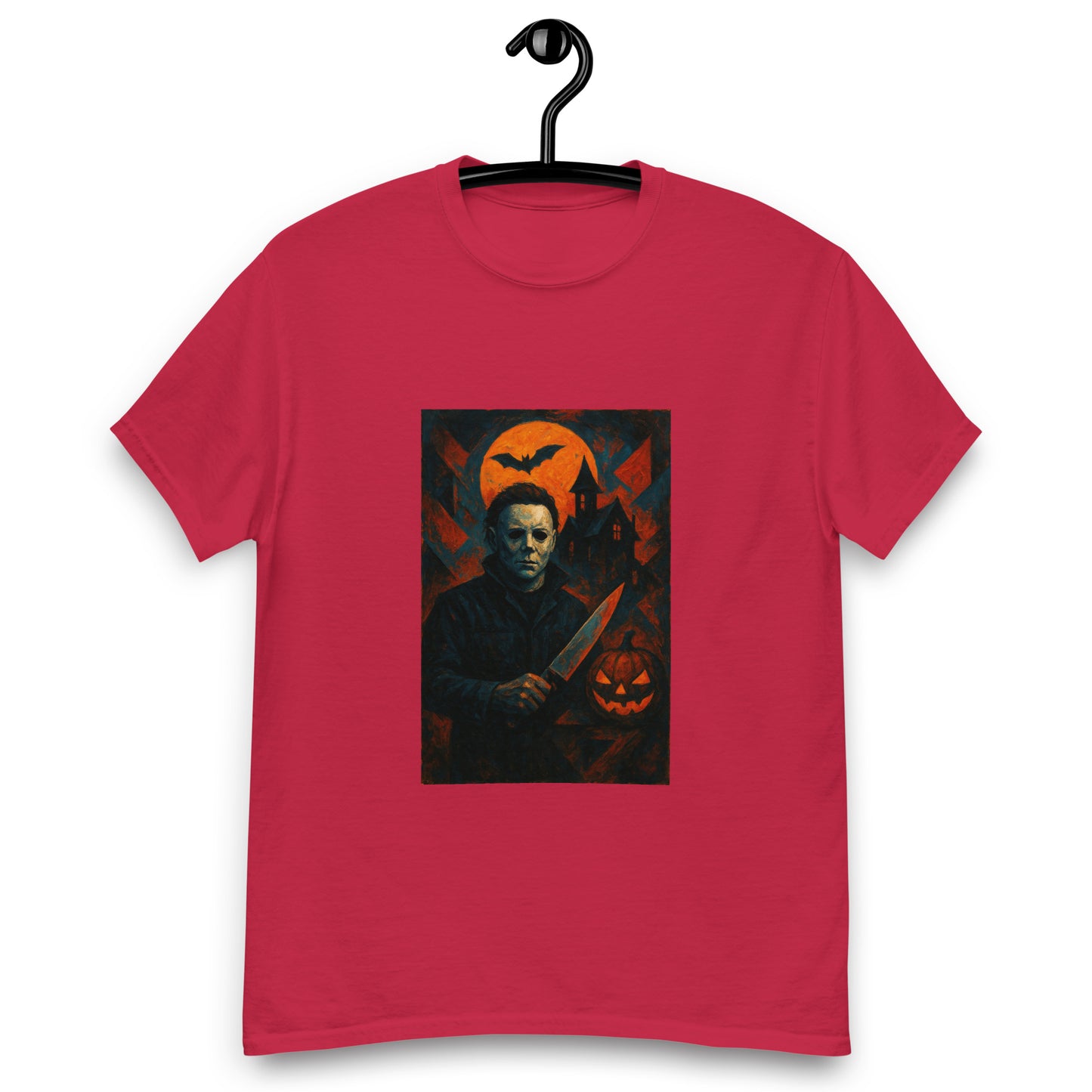 Red t-shirt with a graphic design of a character holding a knife and pumpkins on a hanger.