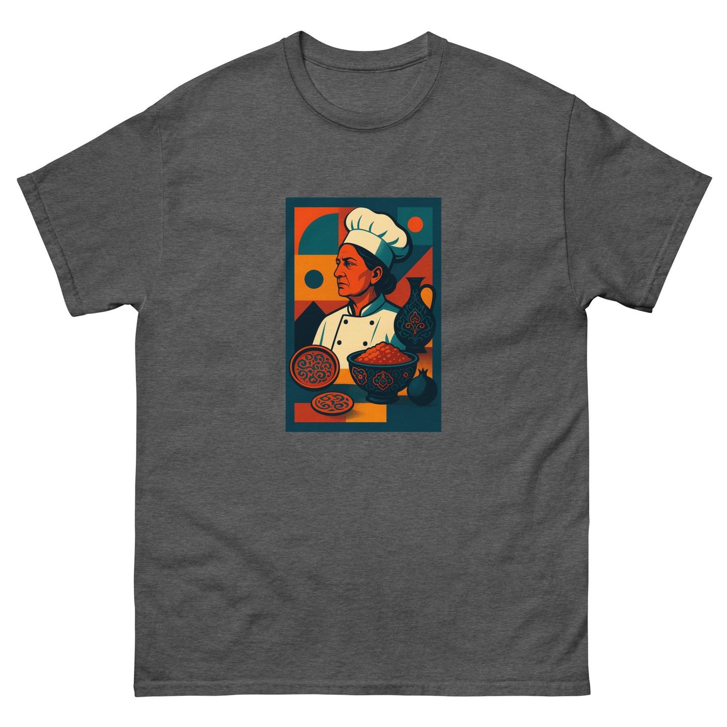 Gray t-shirt with a colorful graphic of a chef on a white background