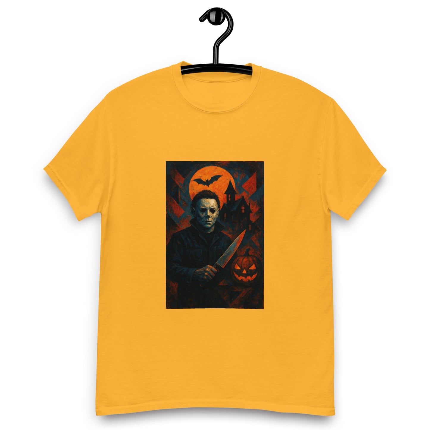 Yellow HORROR  t-shirt with a graphic design of a character holding a knife and pumpkin on a hanger.