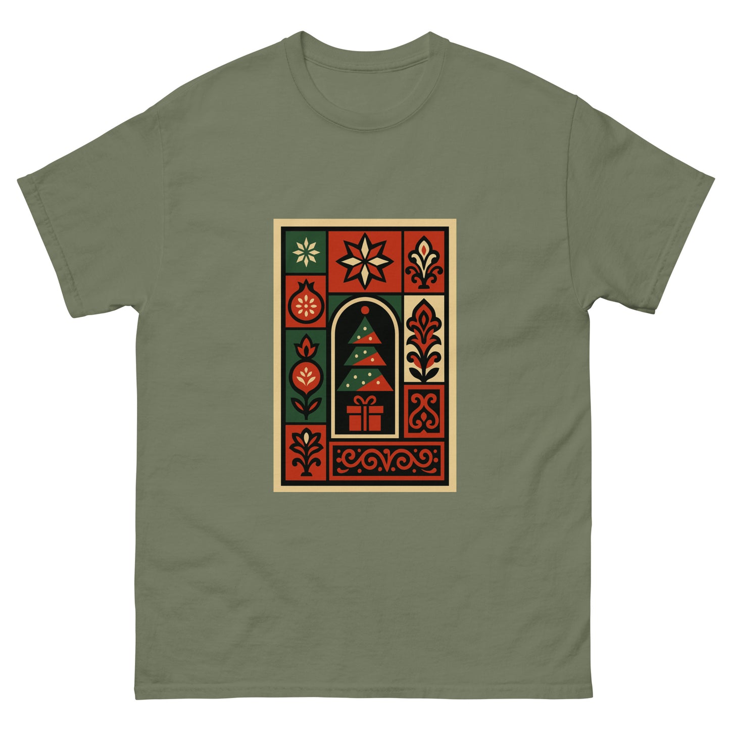 Green t-shirt with a decorative graphic on a white background