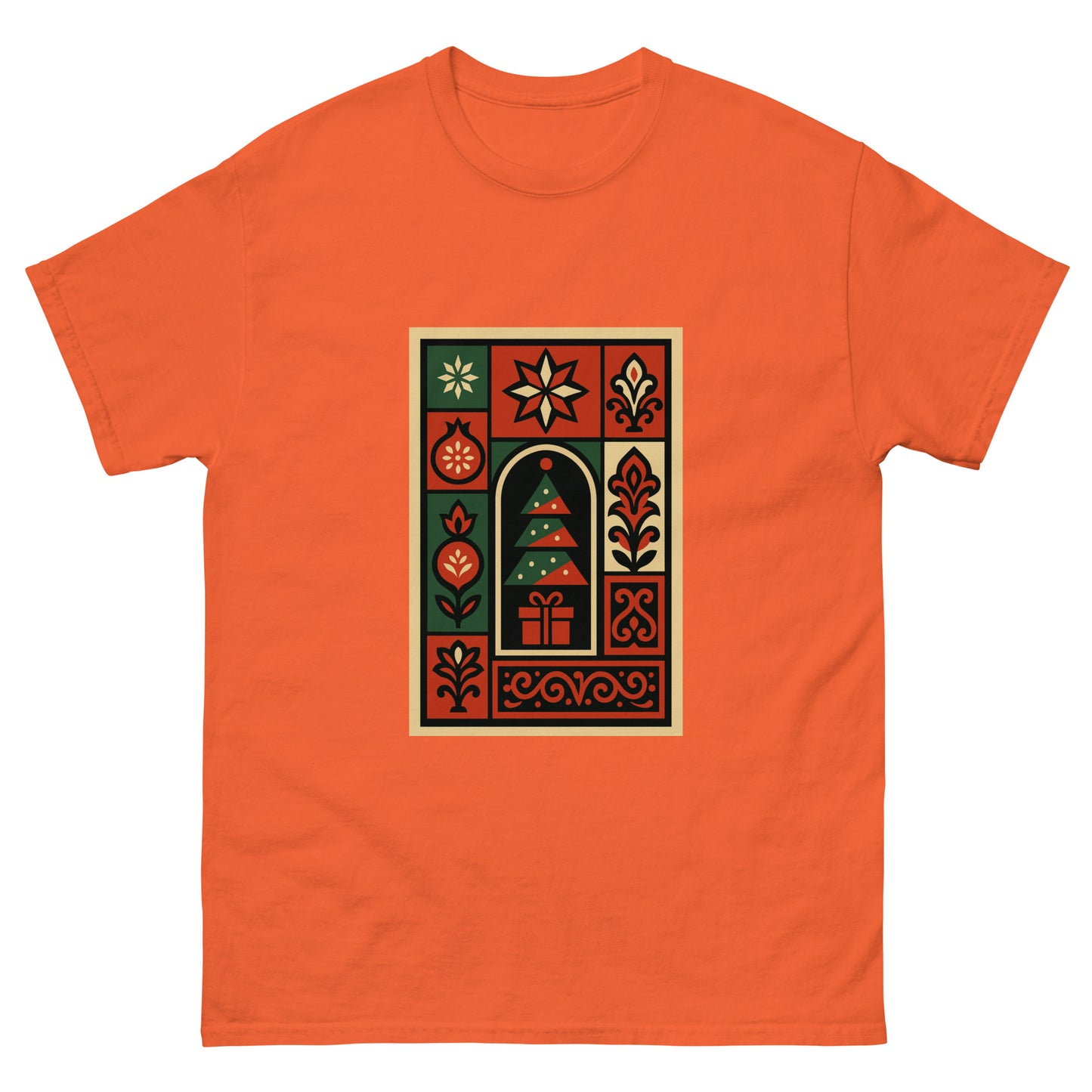Orange t-shirt with a decorative graphic on a white background