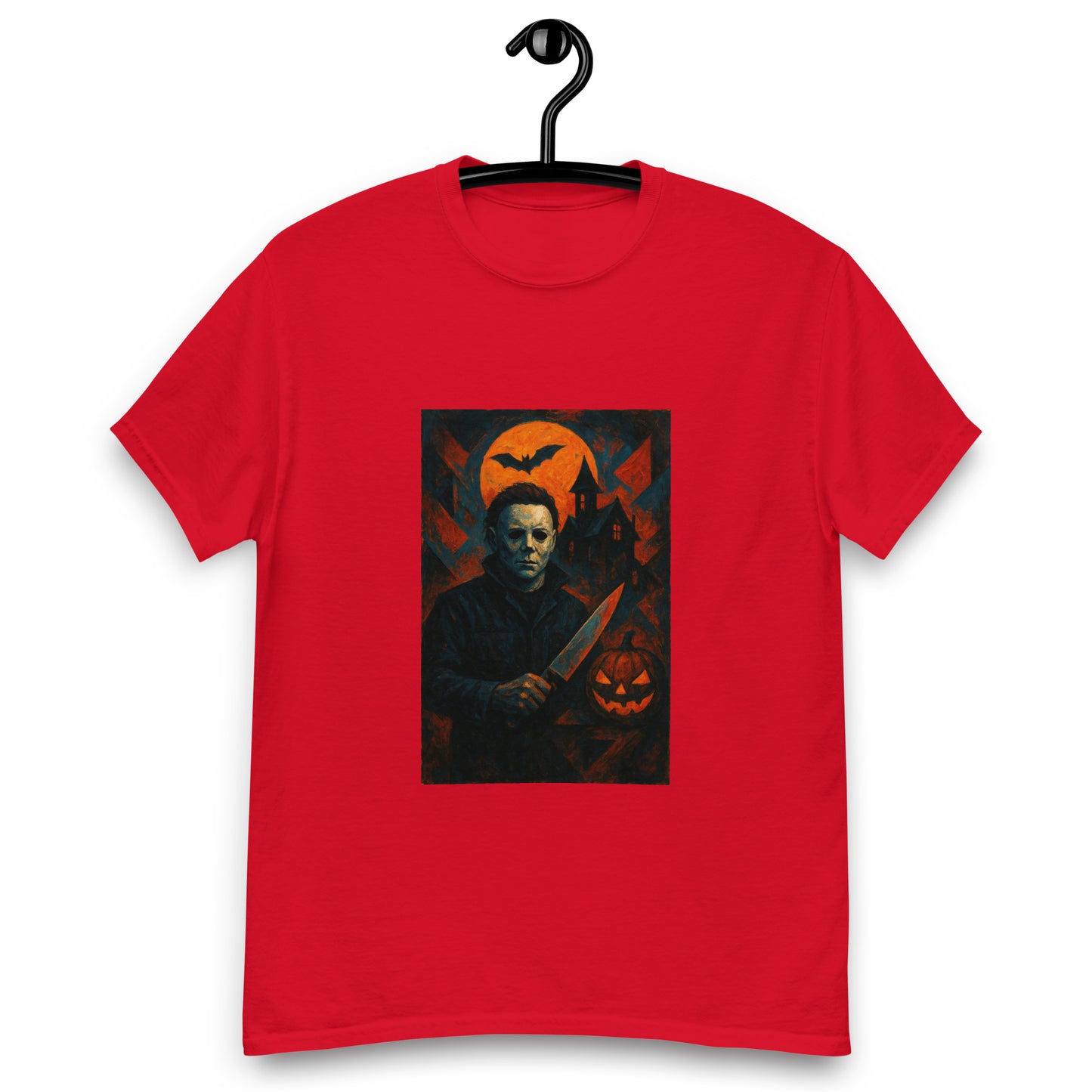 Red HORROR t-shirt with a graphic design of a character holding a knife and a pumpkin, on a hanger against a white background.