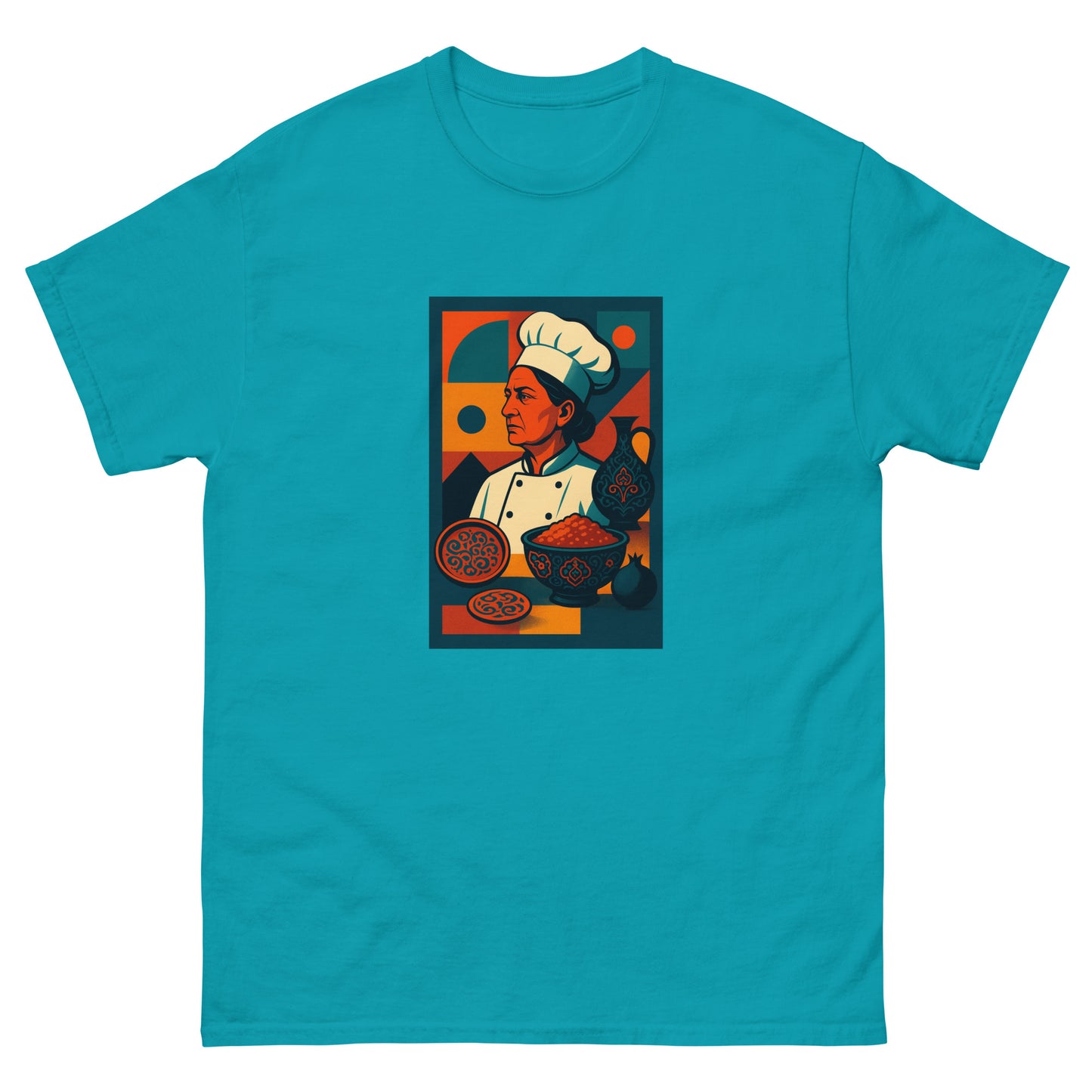 Turquoise t-shirt with a graphic of a chef and ingredients on a white background
