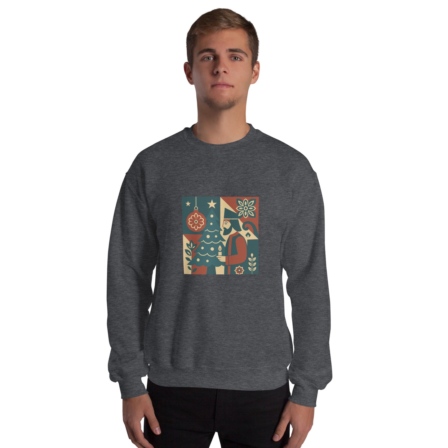 Person wearing a dark gray sweatshirt with a colorful geometric pattern on a white background