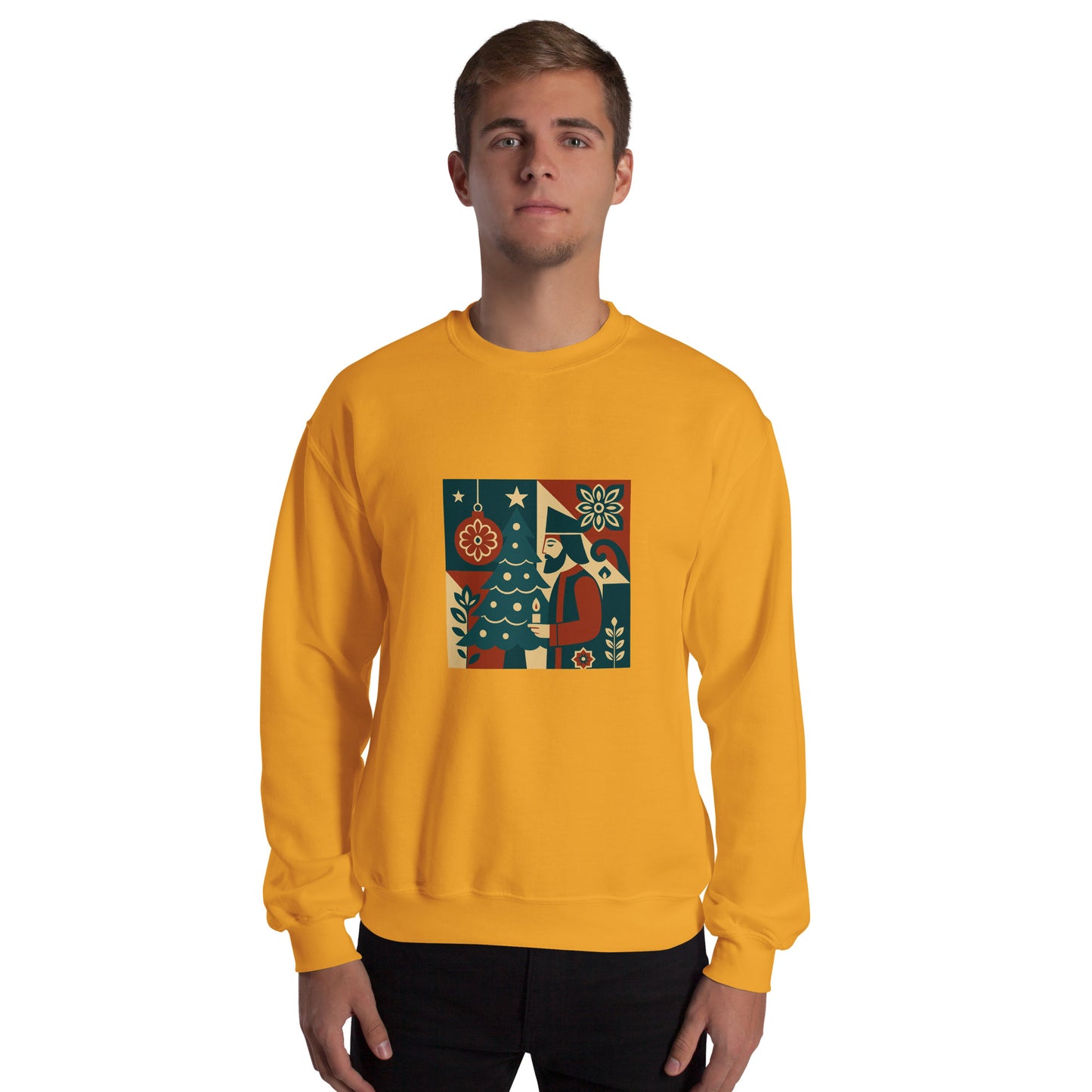 Person wearing a yellow sweatshirt with a colorful geometric design on a white background