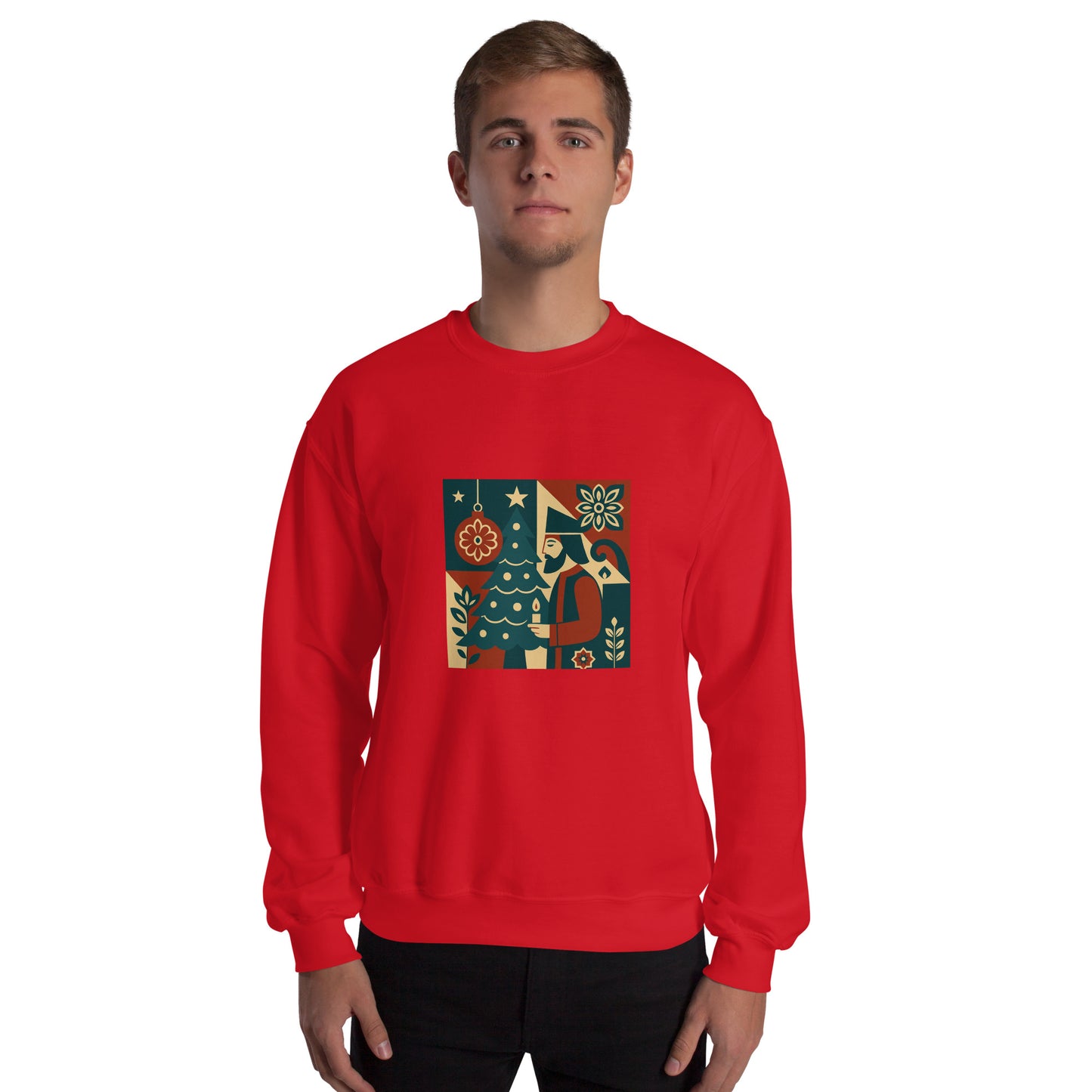 Person wearing a red sweatshirt with a colorful geometric design on a white background