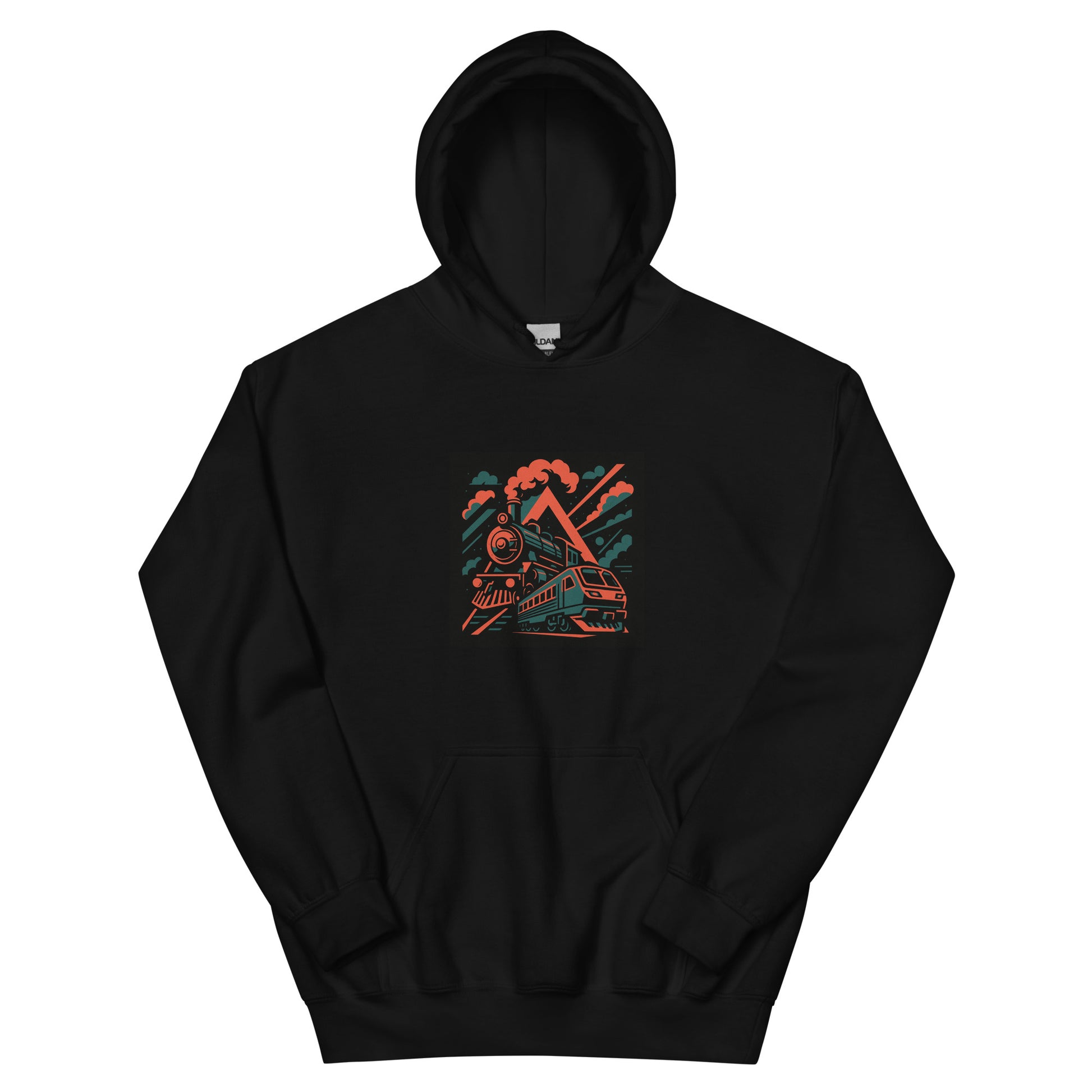 Black hoodie with a colorful graphic design on a white background