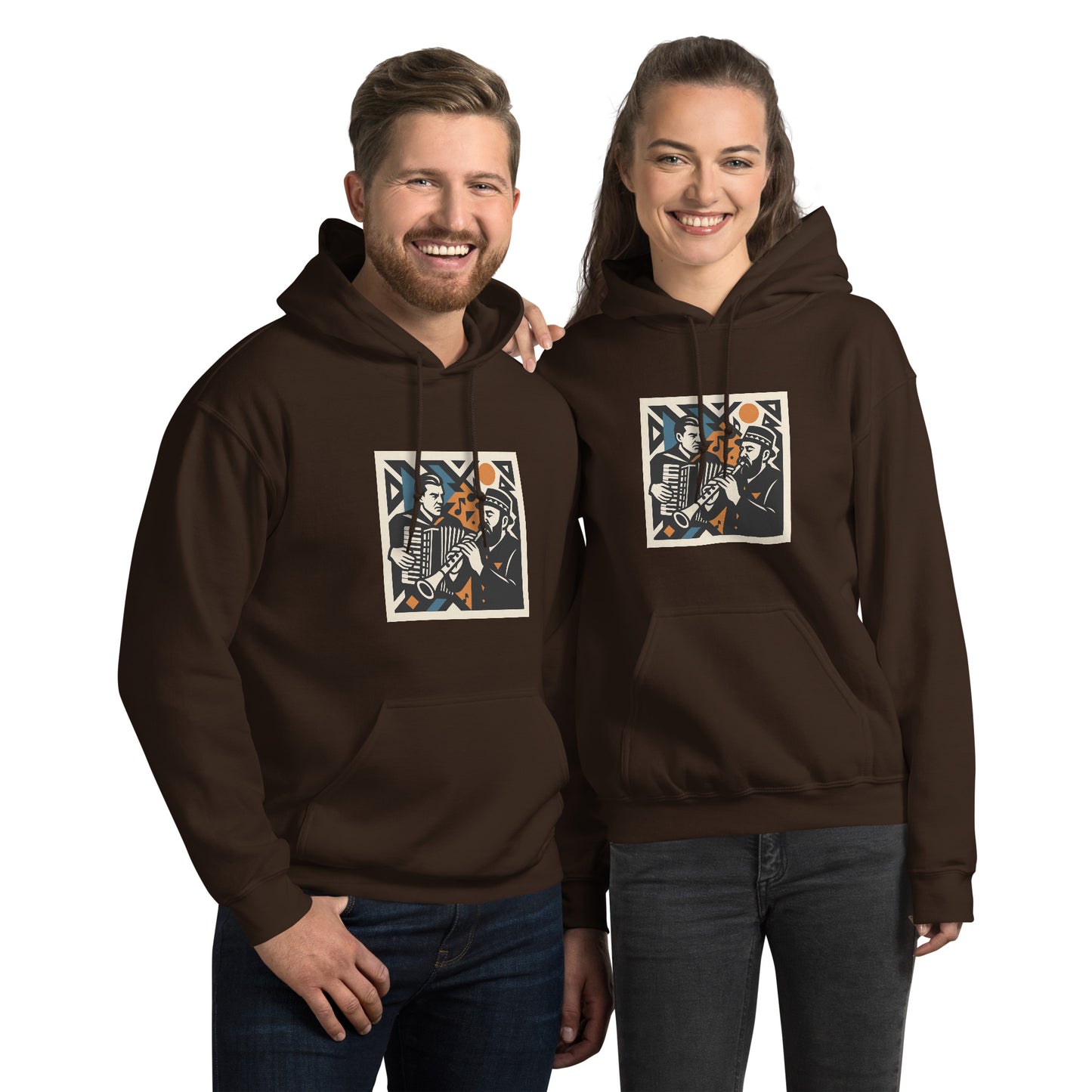 Two people wearing brown hoodies with a graphic design on a white background