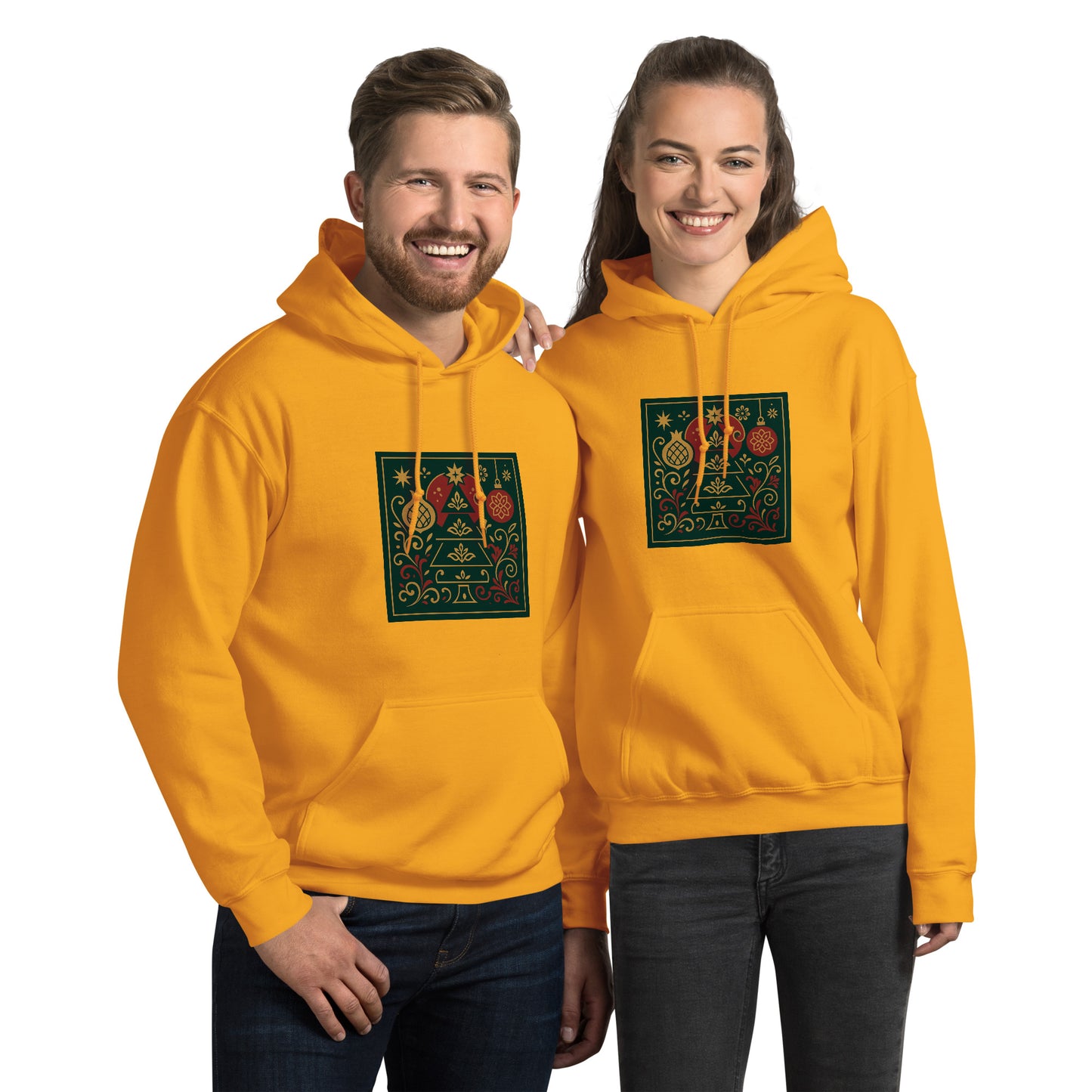 Two people wearing yellow hoodies with a design on a white background