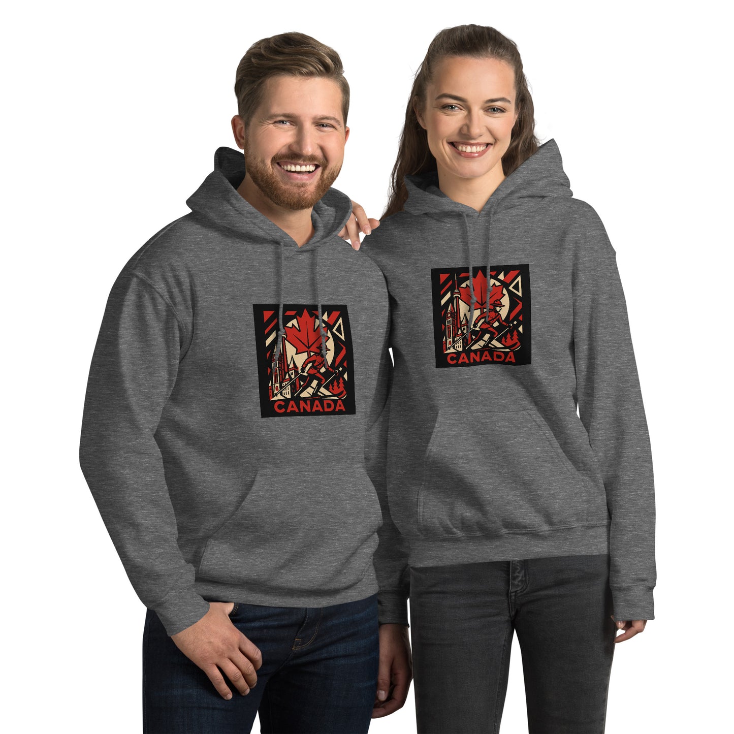 Two people wearing gray hoodies with a 'Canada' design on a white background