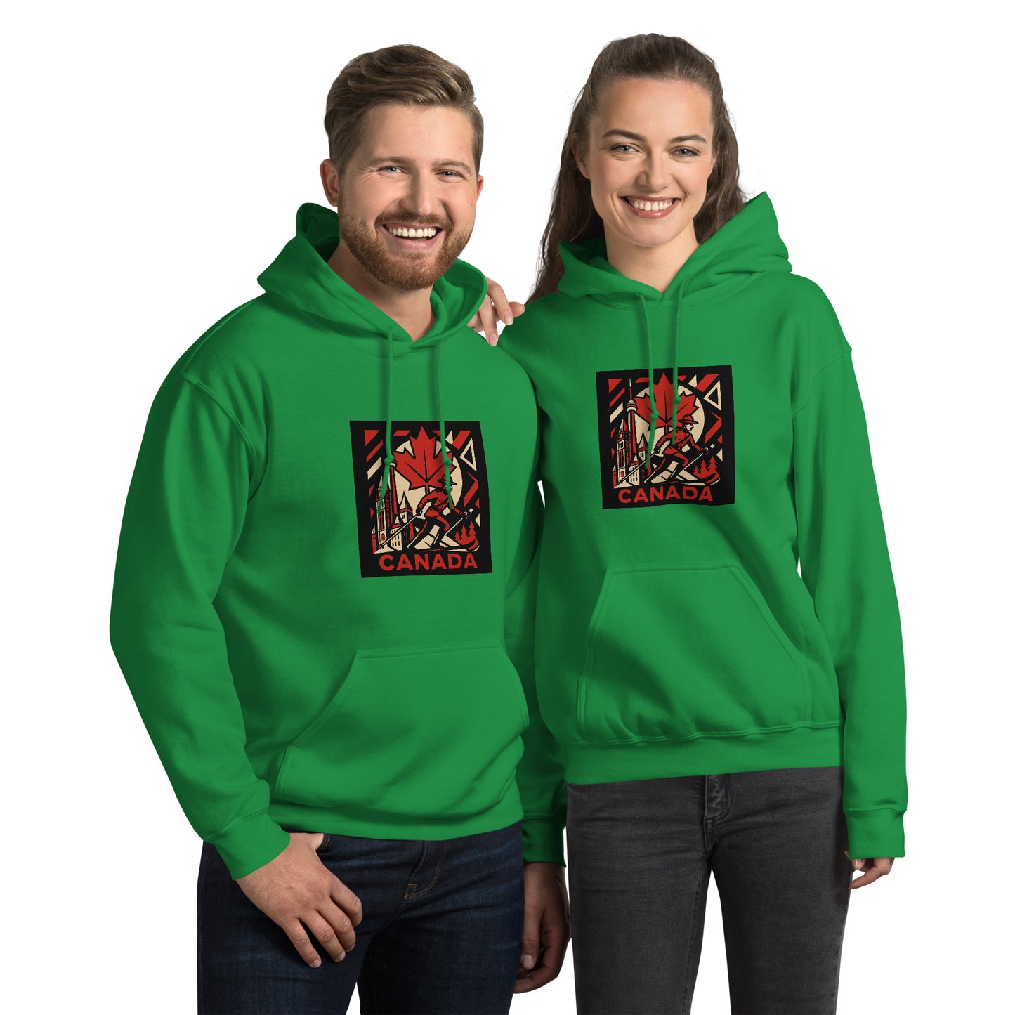 Two people wearing green hoodies with a 'Canada' design on a white background