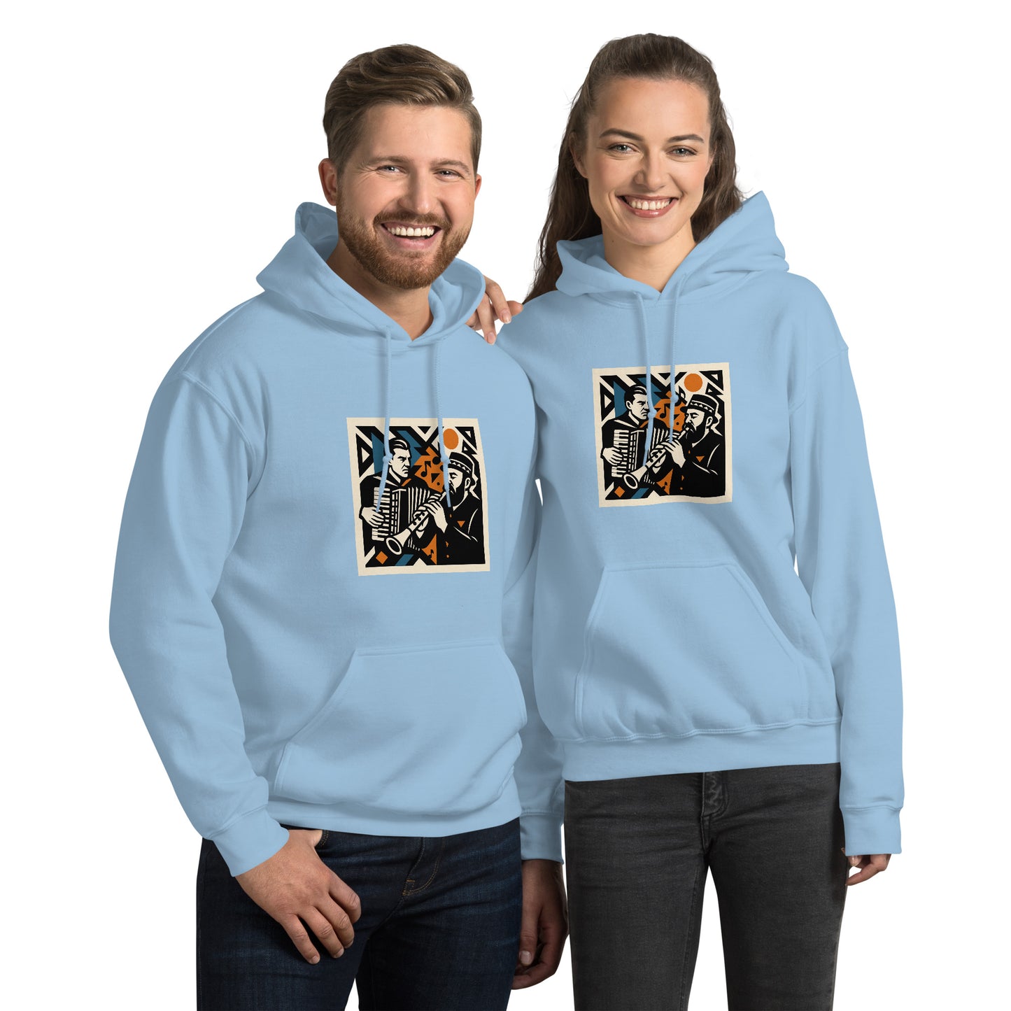 Two people wearing light blue hoodies with a graphic design on a white background