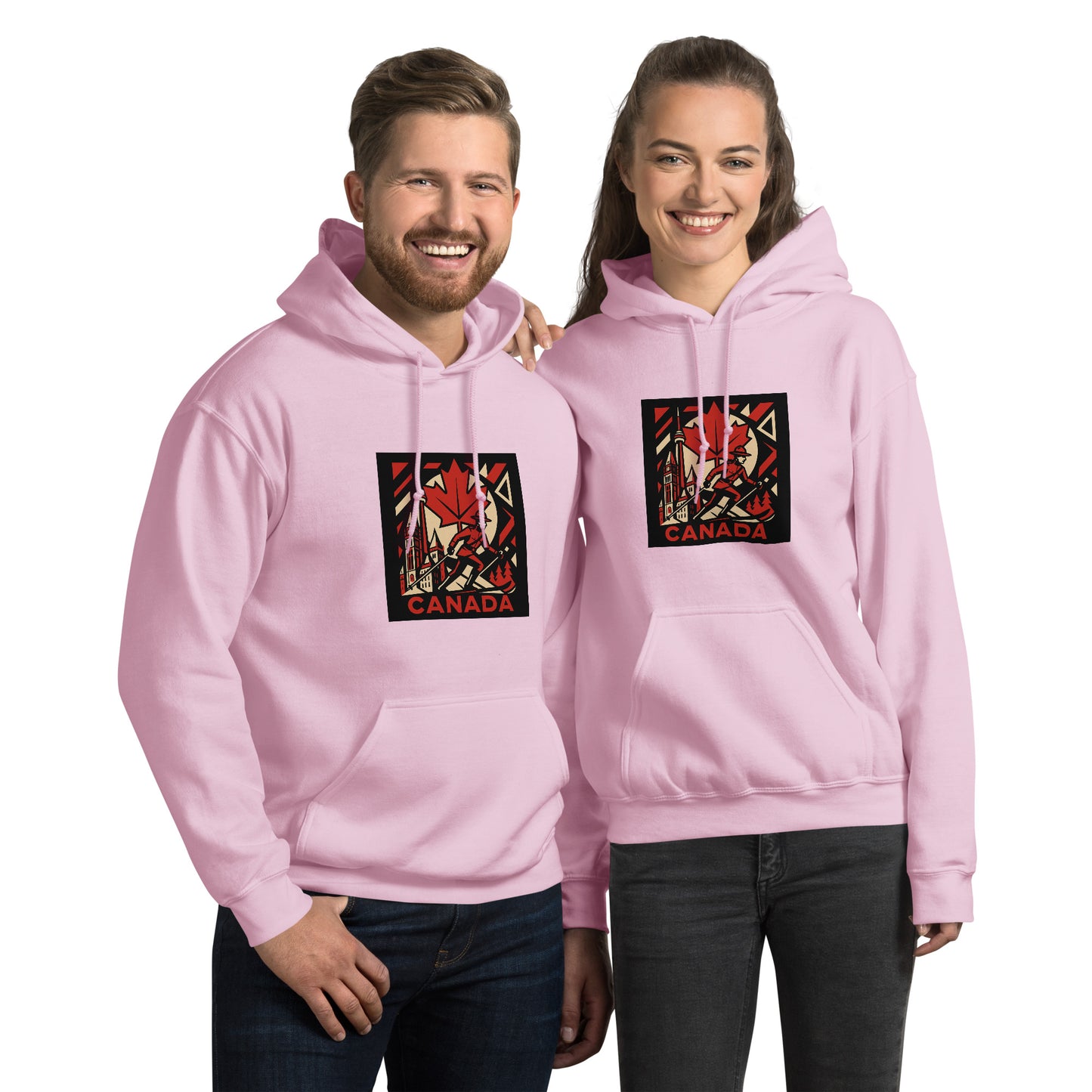 Two people wearing pink hoodies with a 'Canada' design on a white background