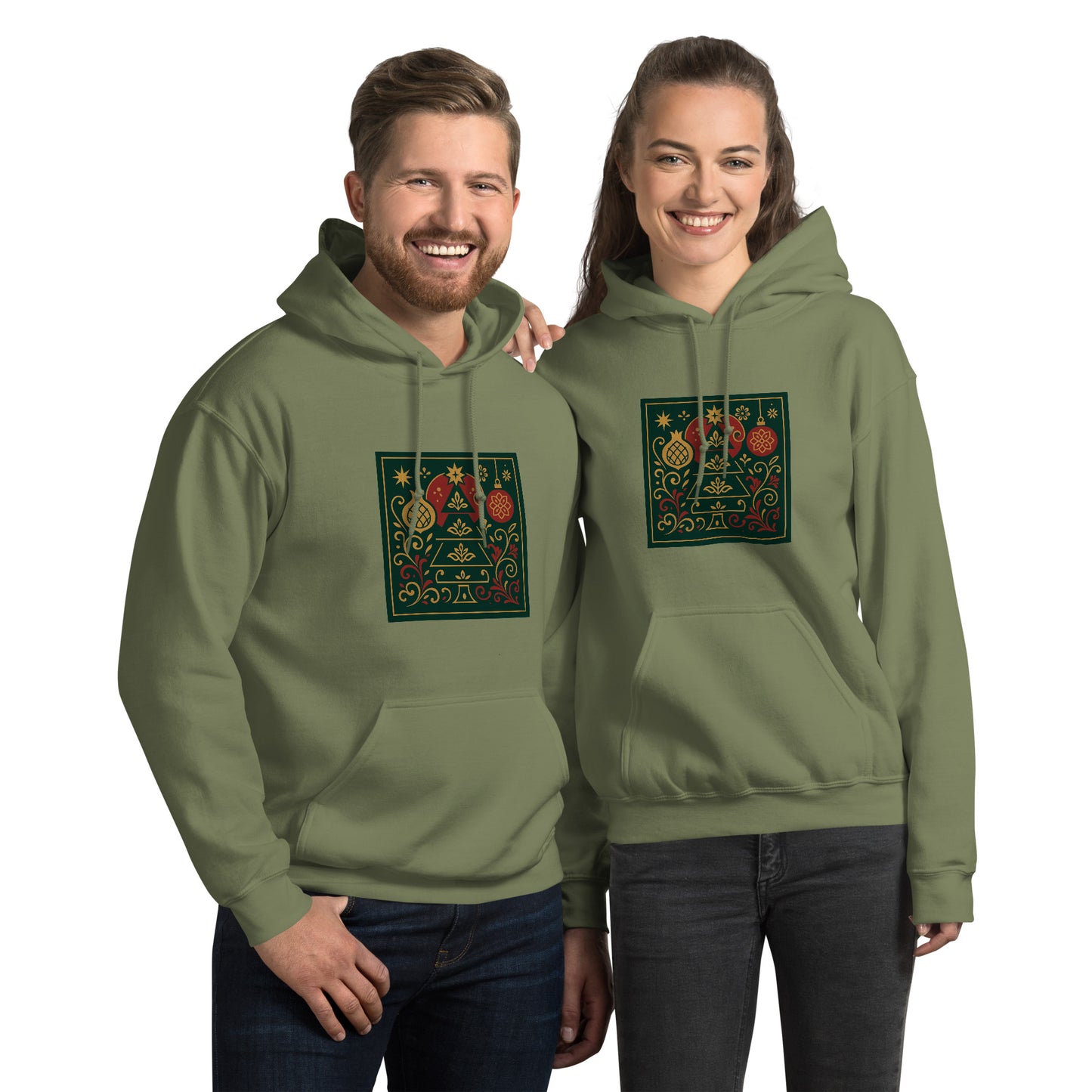 Two people wearing green hoodies with a colorful design on a white background