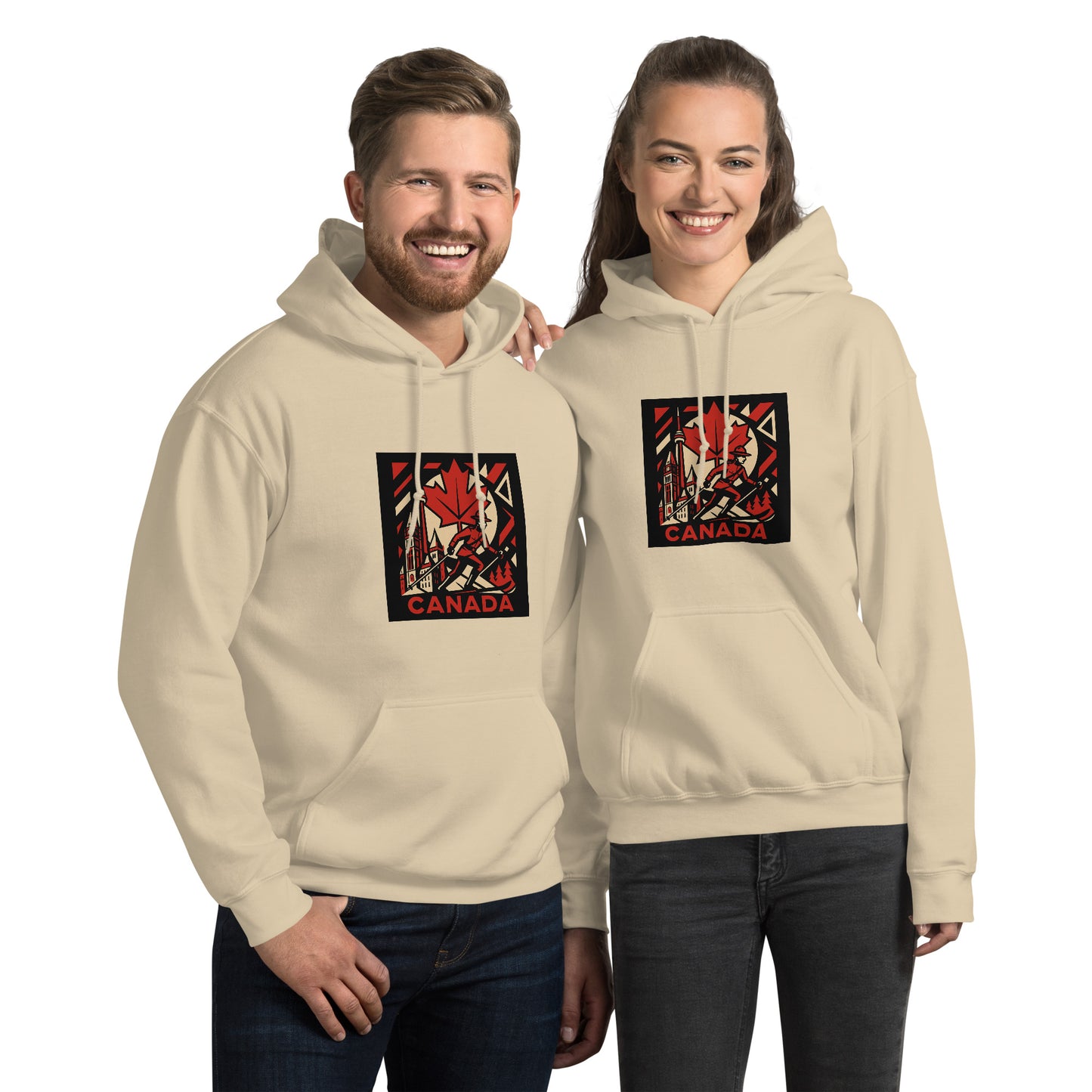 Two people wearing beige hoodies with a 'Canada' graphic design on a white background