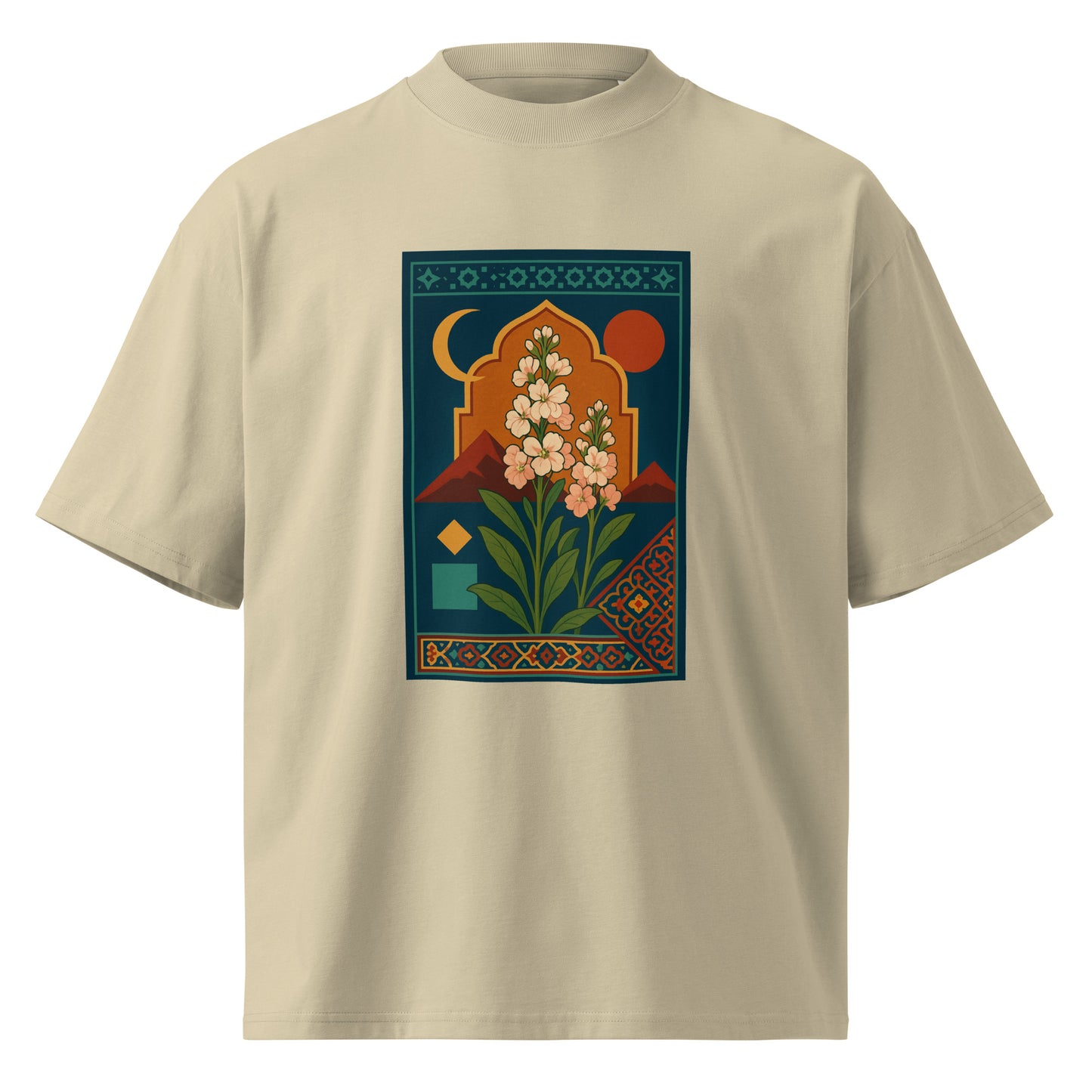 Beige t-shirt with a colorful graphic design on a white background