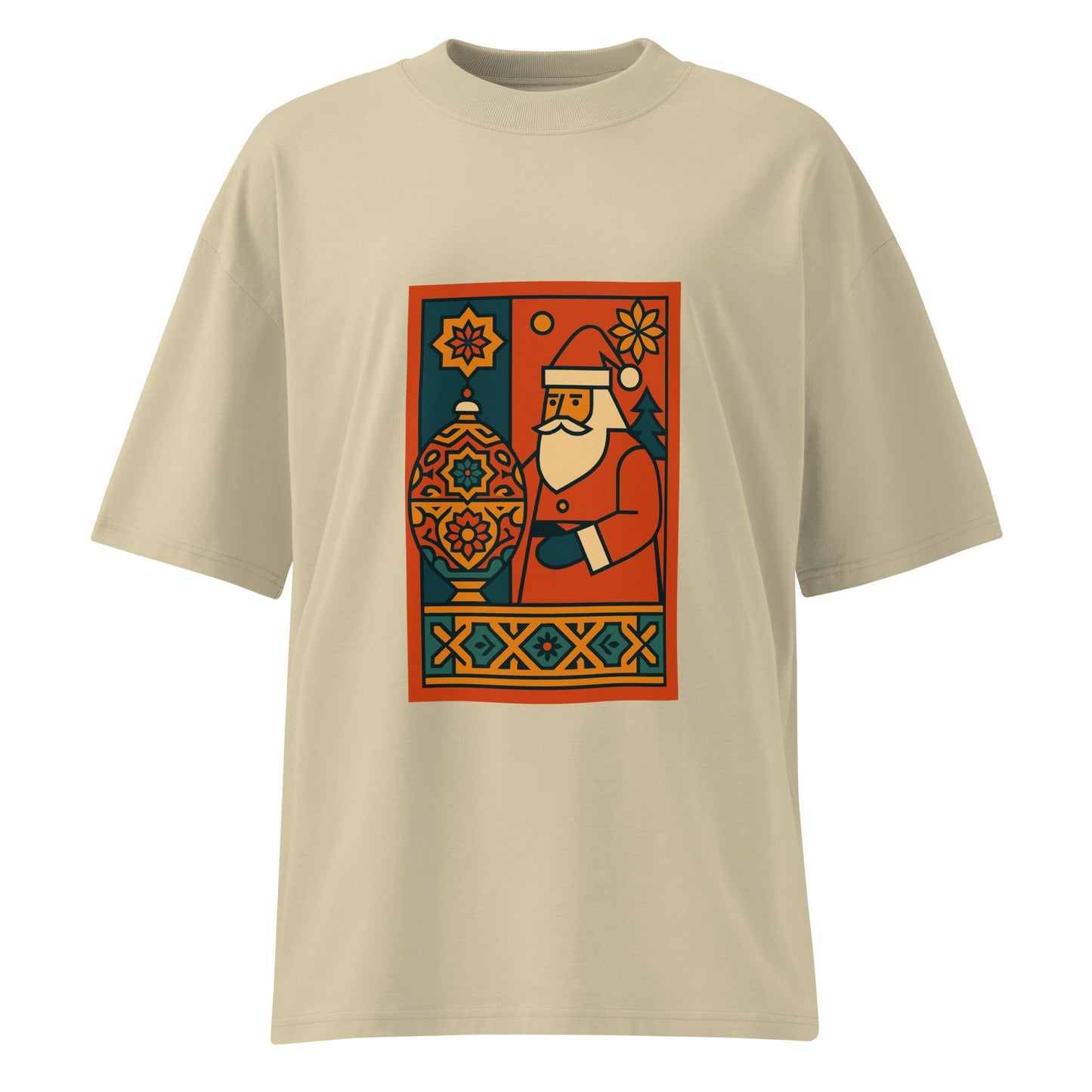 Beige t-shirt with a colorful graphic of a bearded figure holding a vase on a white background