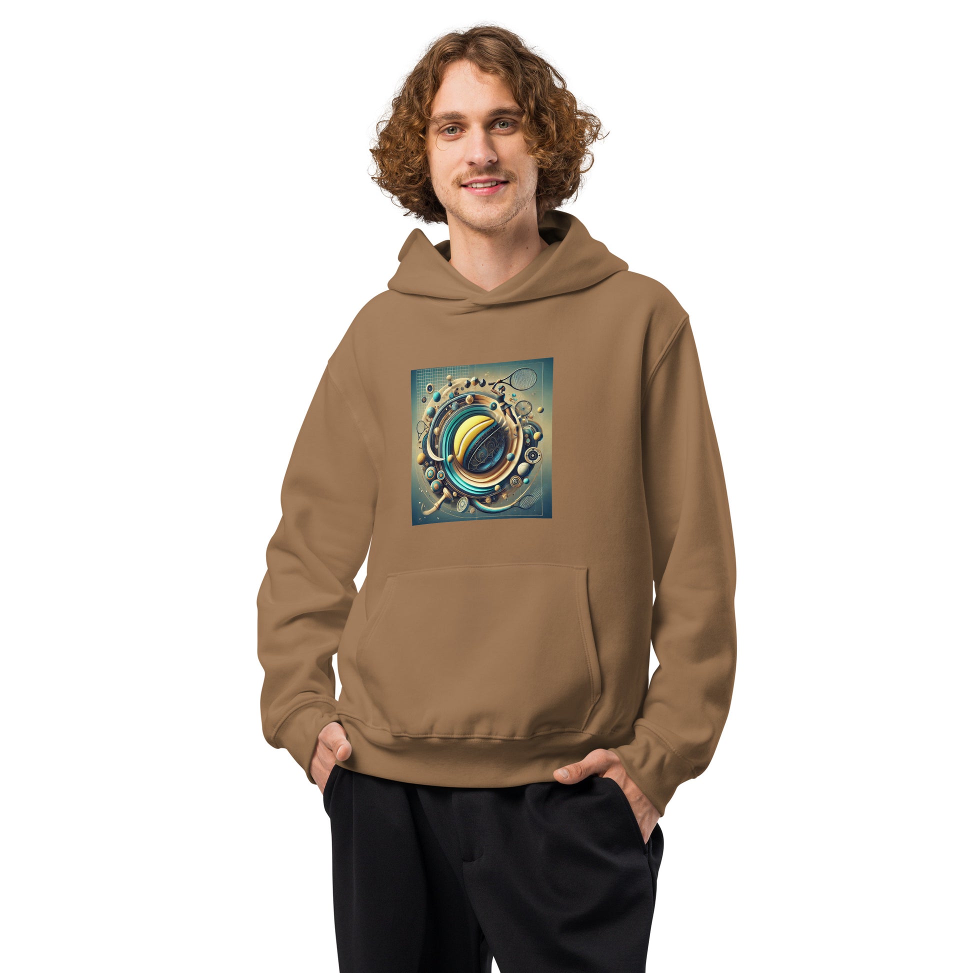Man tennis wearing a brown hoodie with a colorful graphic on a white background