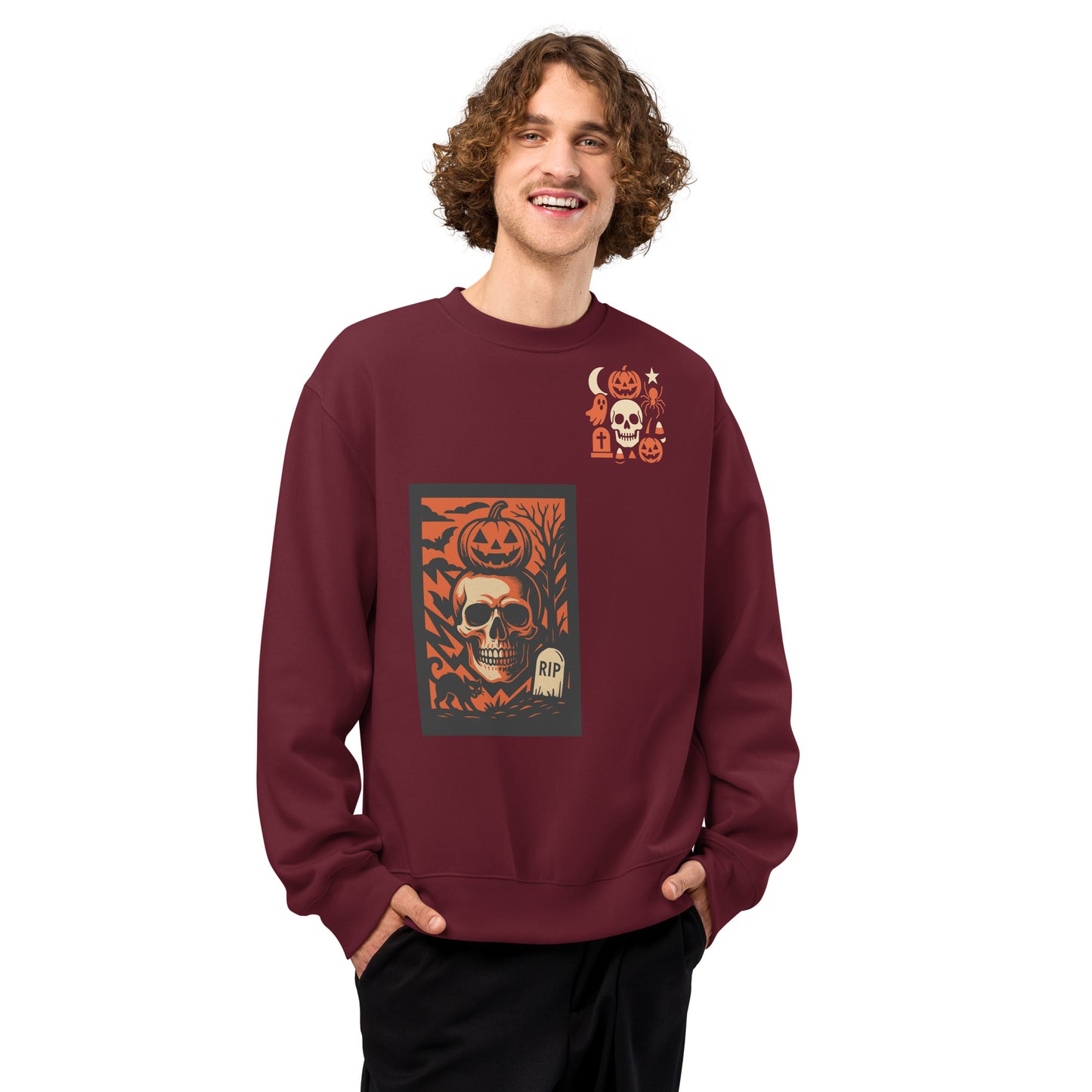 Person wearing a maroon sweatshirt with a Halloween-themed design on a white background