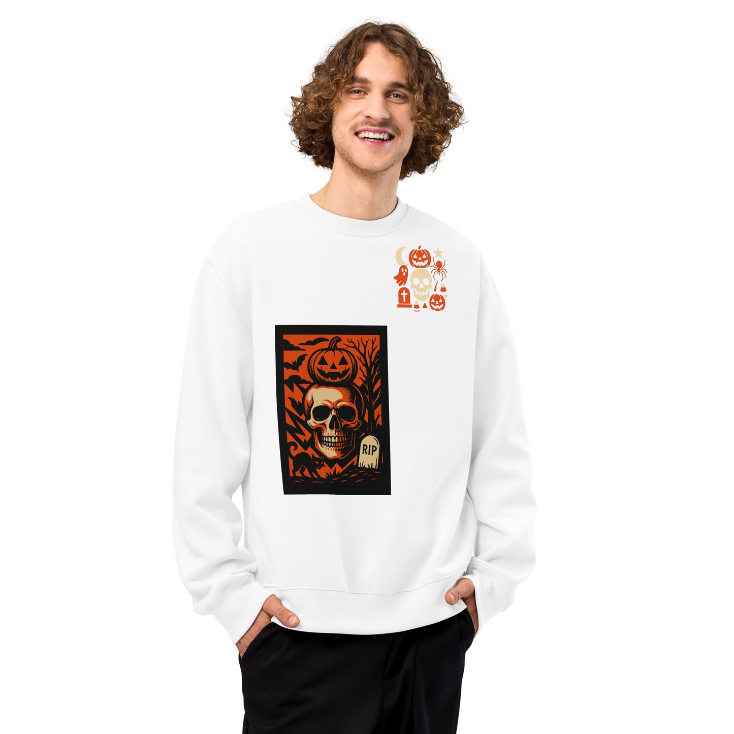 Man wearing a white sweatshirt with Halloween-themed design on a white background