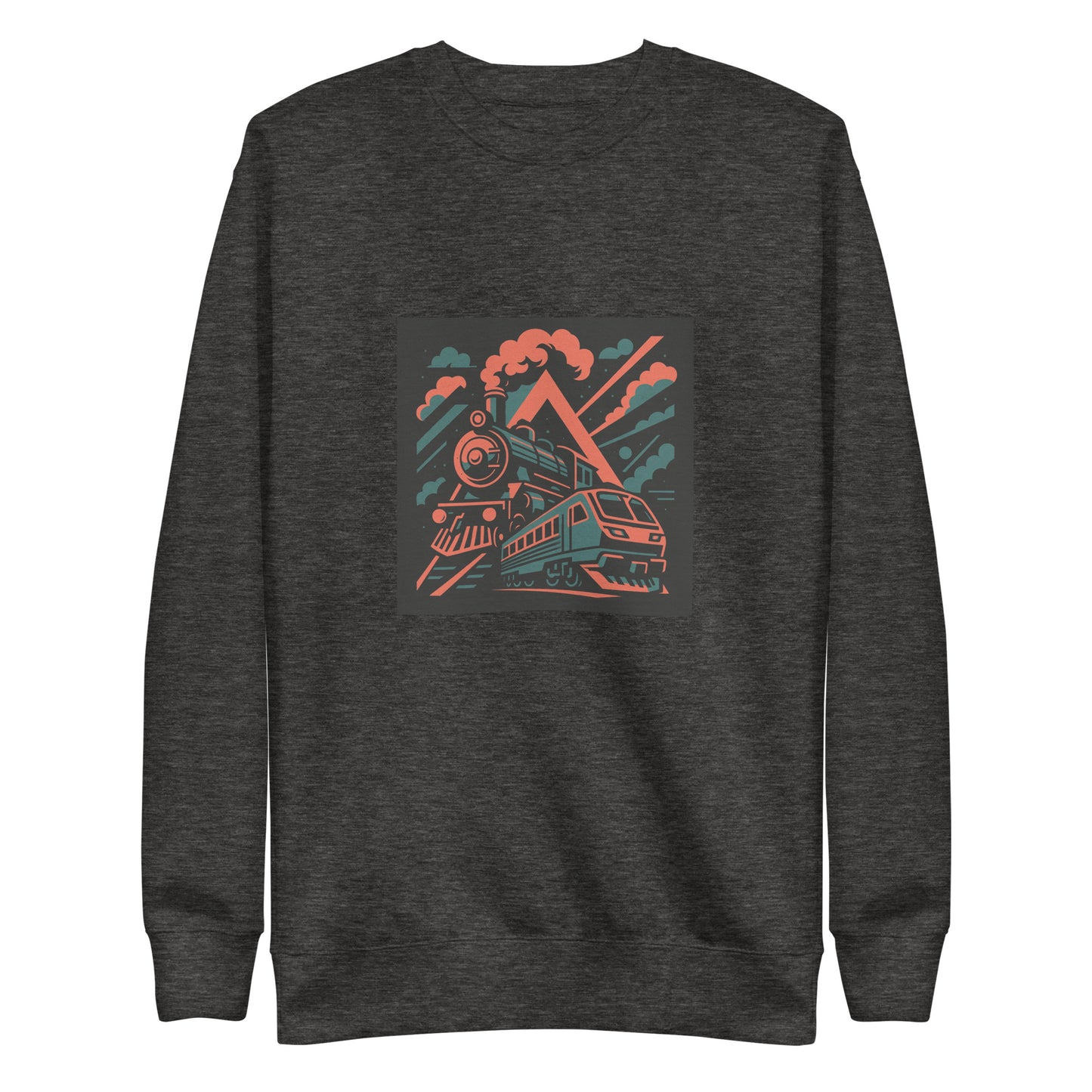 Dark gray sweatshirt with a train graphic on a white background