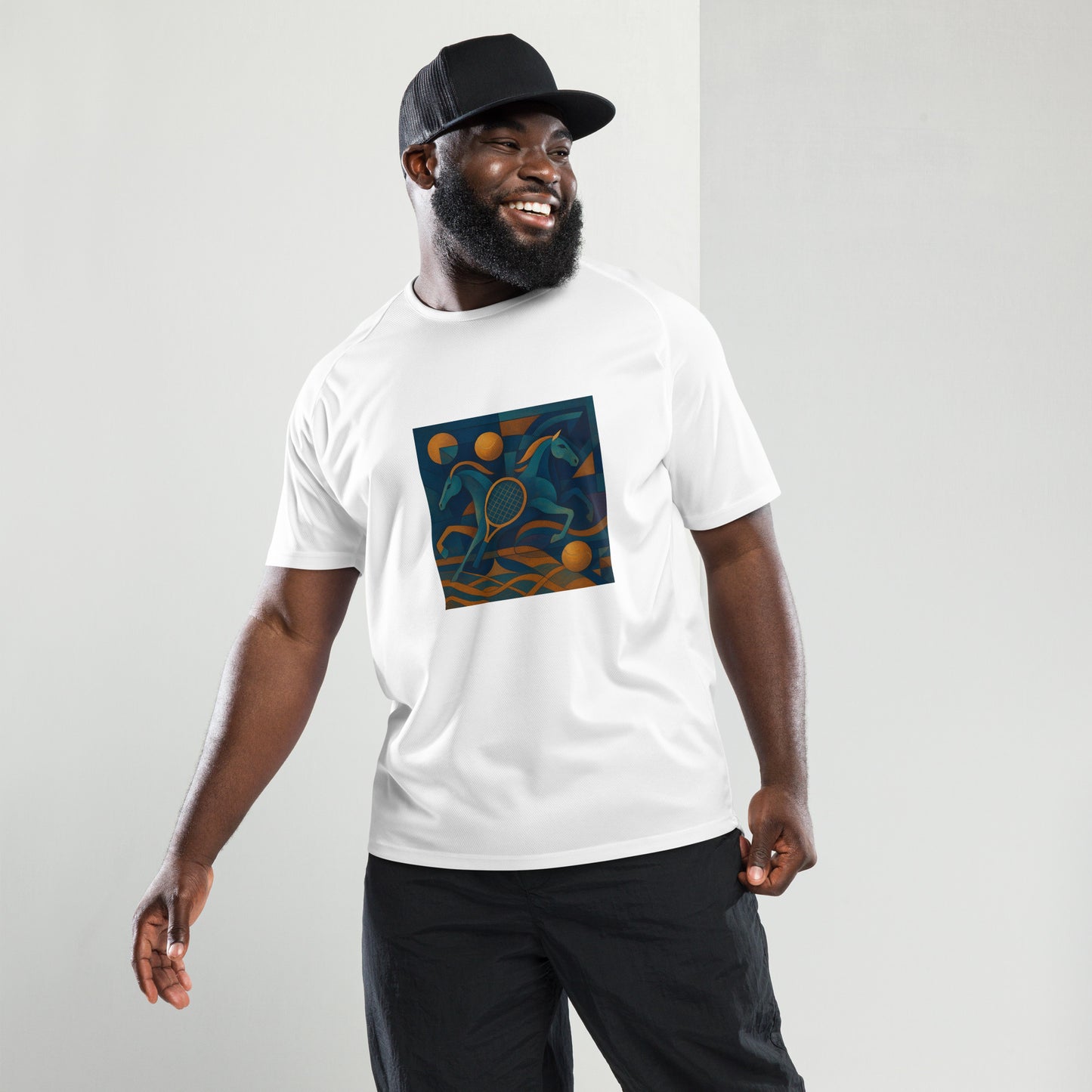 Man wearing a white t-shirt with a colorful graphic design on a plain background