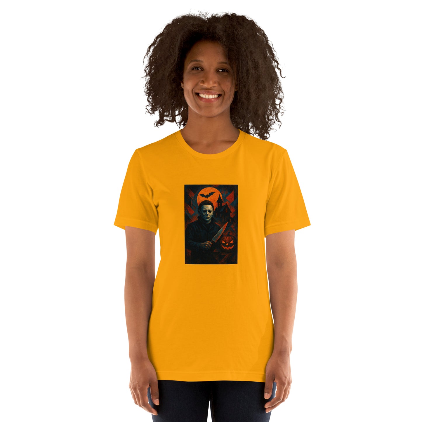 Person wearing a yellow t-shirt with a HORROR design on a white background