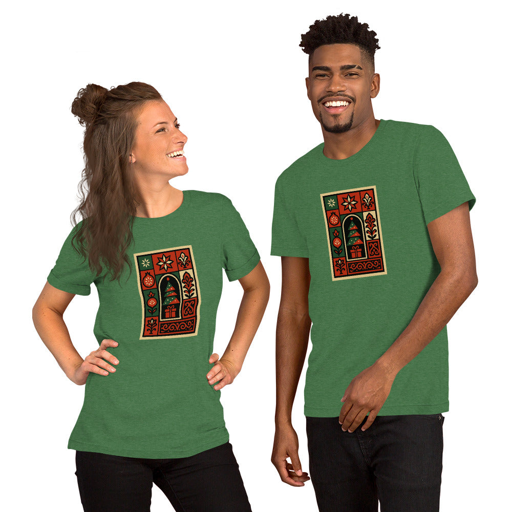 Two people wearing green CHRISTMASS t-shirts with a decorative design on a white background