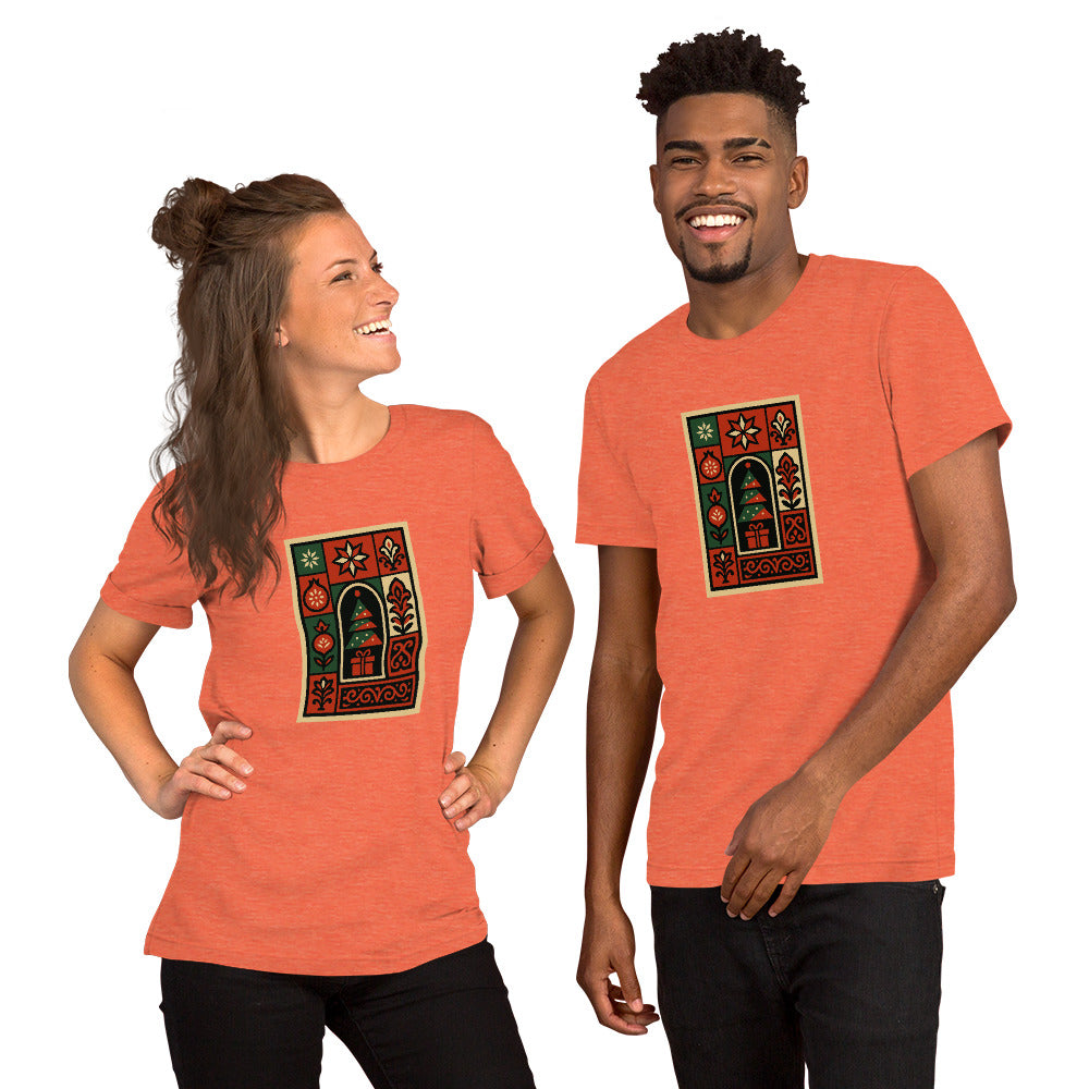 Two people wearing matching orange t-shirts with a CHRISTMASS design on a white background