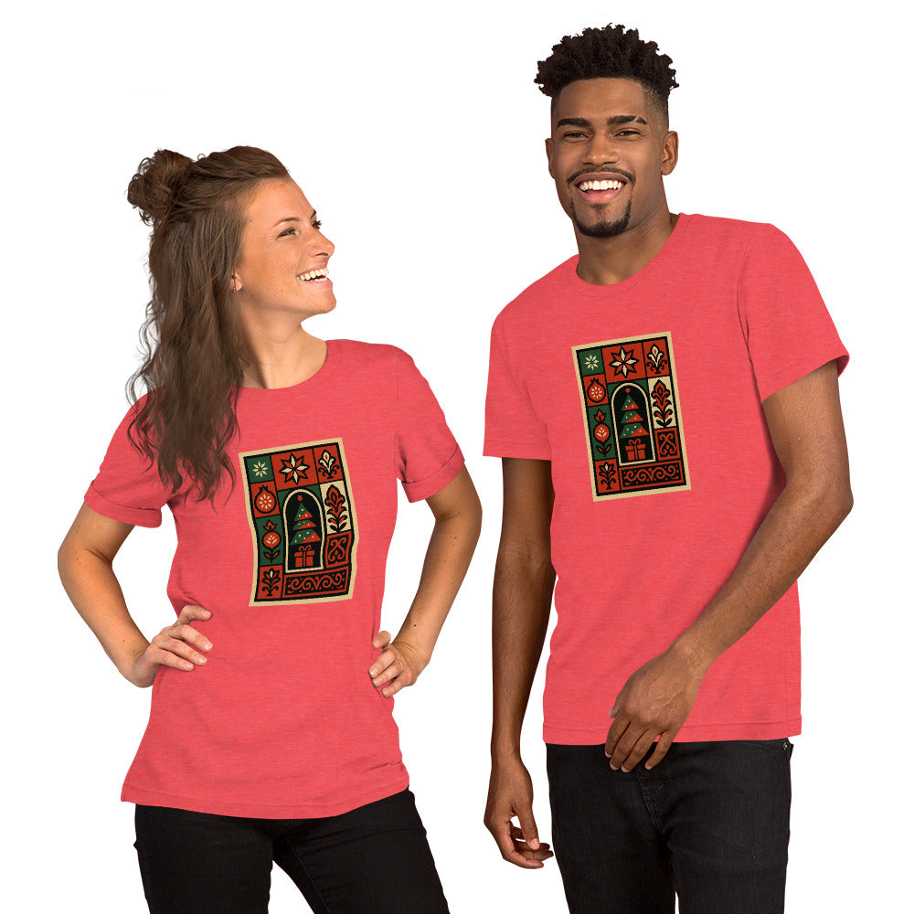 Two people wearing red CHRISTMASS t-shirts with a decorative design on a white background