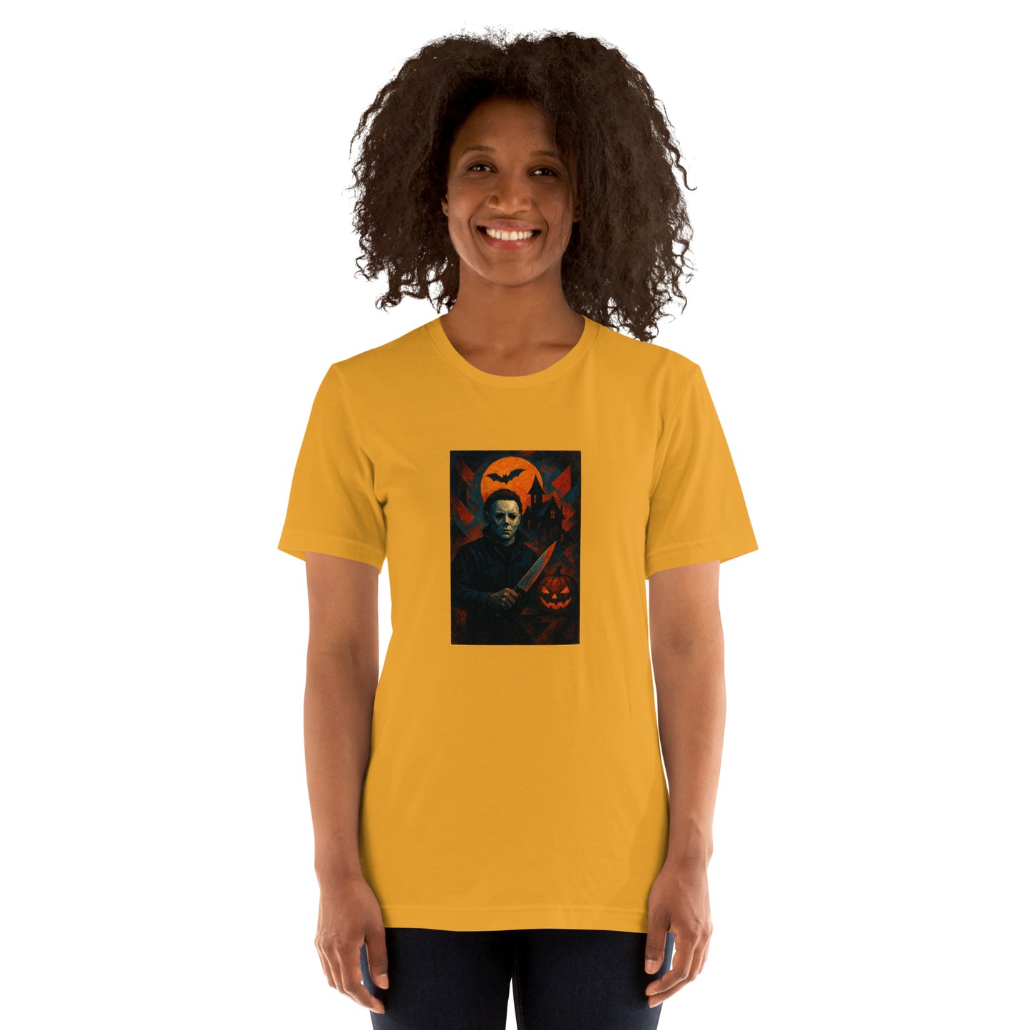 Person wearing a yellow t-shirt with a graphic design on a HORROR white background
