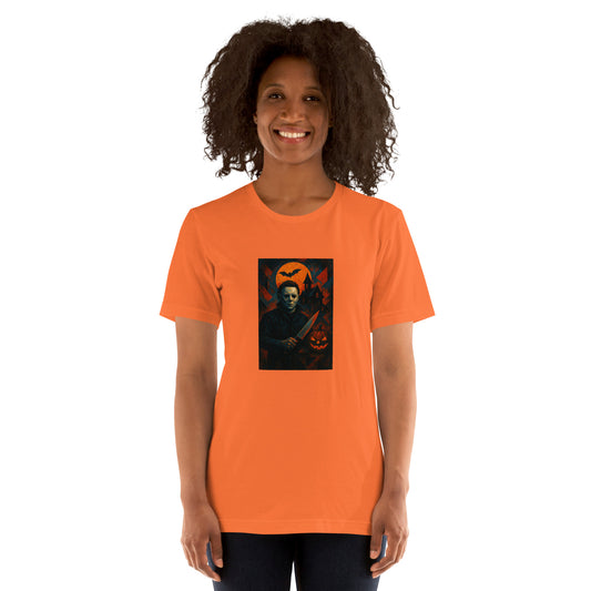 Person wearing an orange t-shirt with a graphic design on a white background
