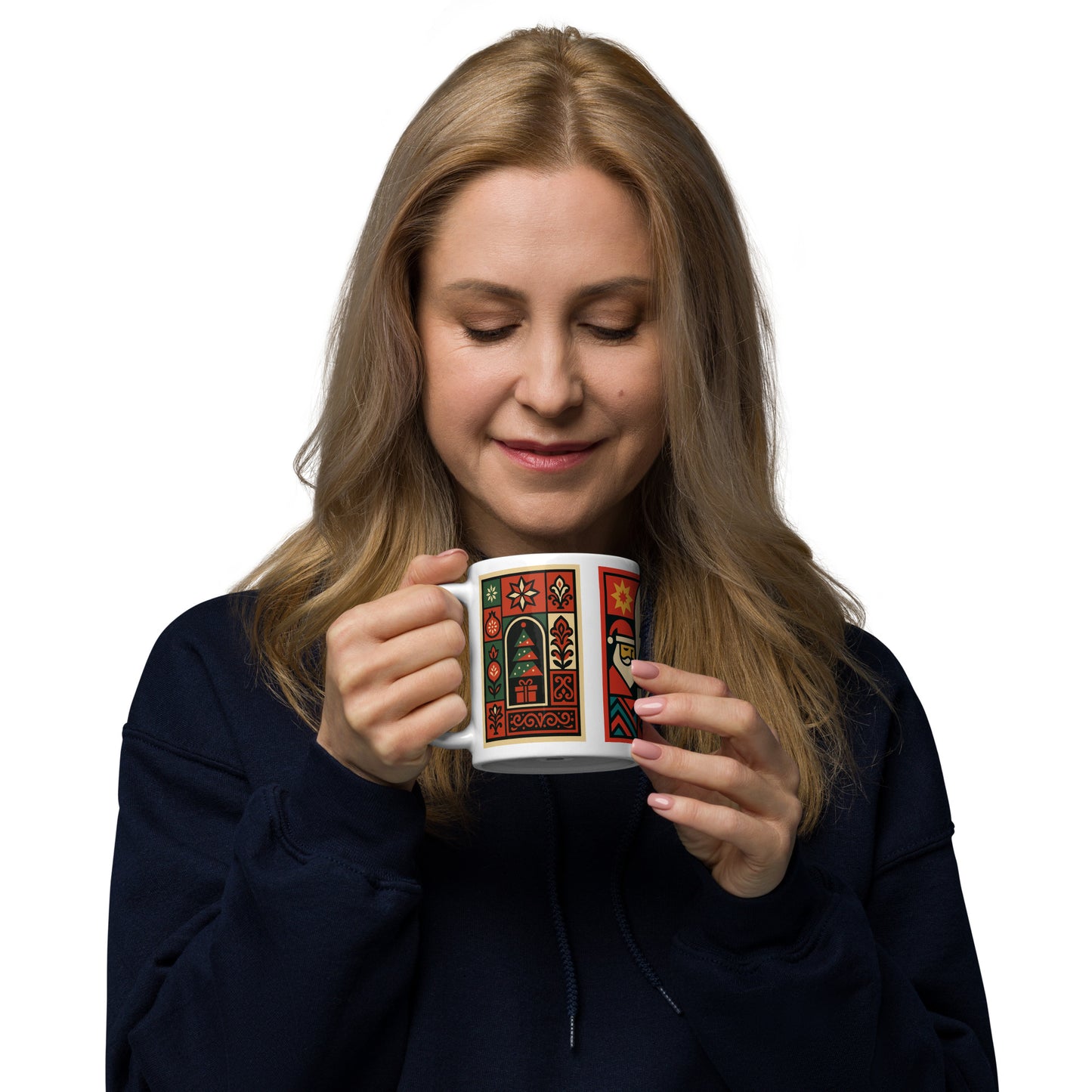 Woman holding a mug with a colorful design on a white background