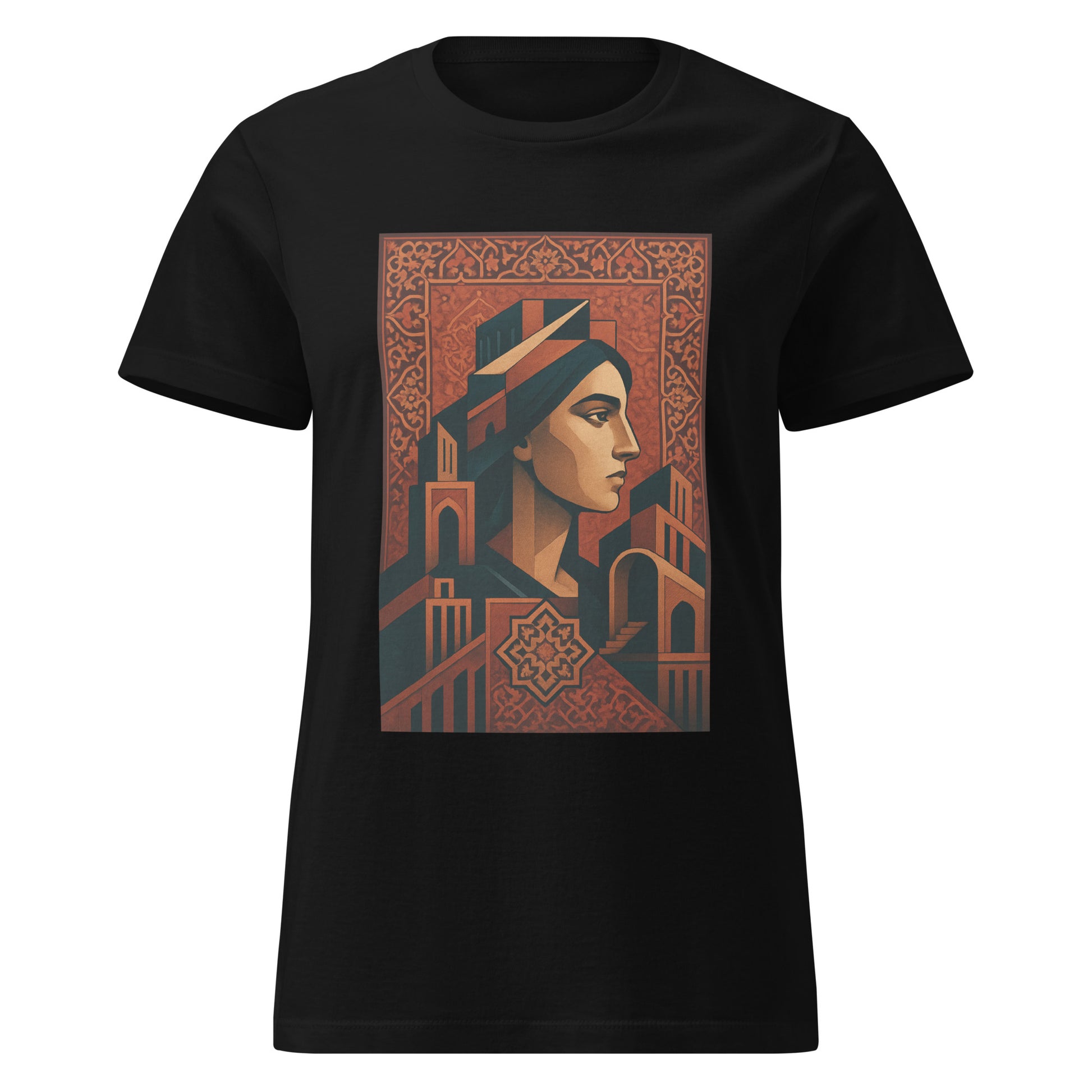 Black t-shirt with a graphic design of a woman's face and architectural elements on a white background